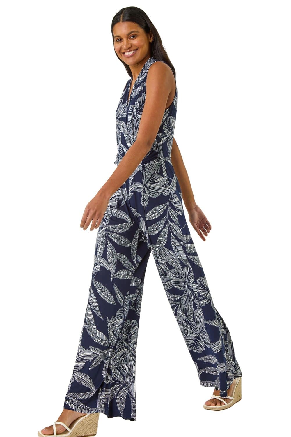 Roman Originals Leaf Puff Print Crossover Jumpsuit for Women UK - Ladies Everyday Holiday Spring Summer V-Neckline Comfy Soft Evening Vacation Work Party - Navy - Size 20