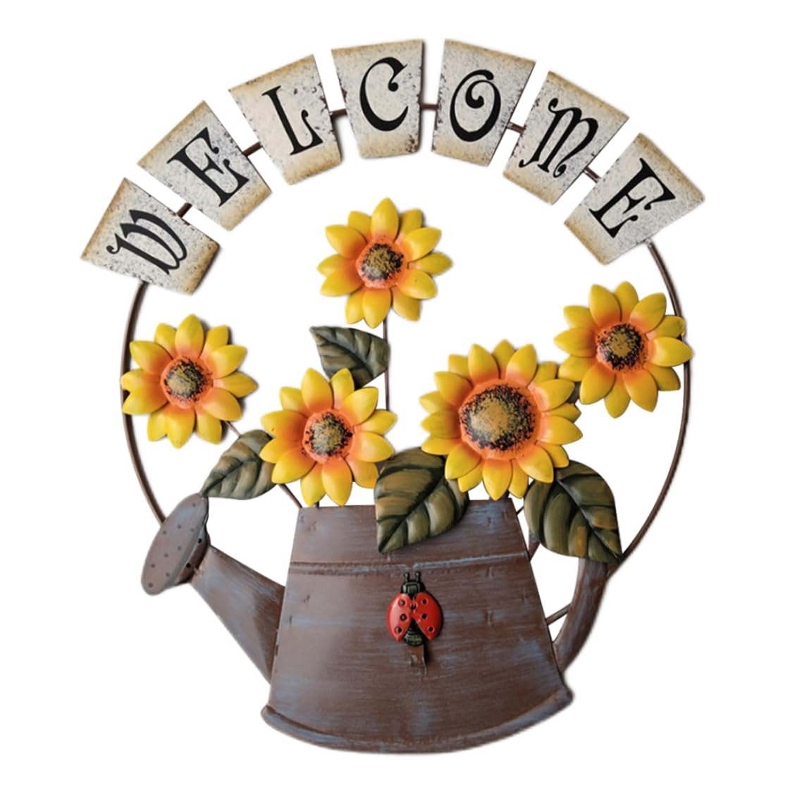 Lcarege Iron Hanging Sunflower Welcome Sign with Watering Can Metal Sunflower Wall Art for Home Decor Yellow