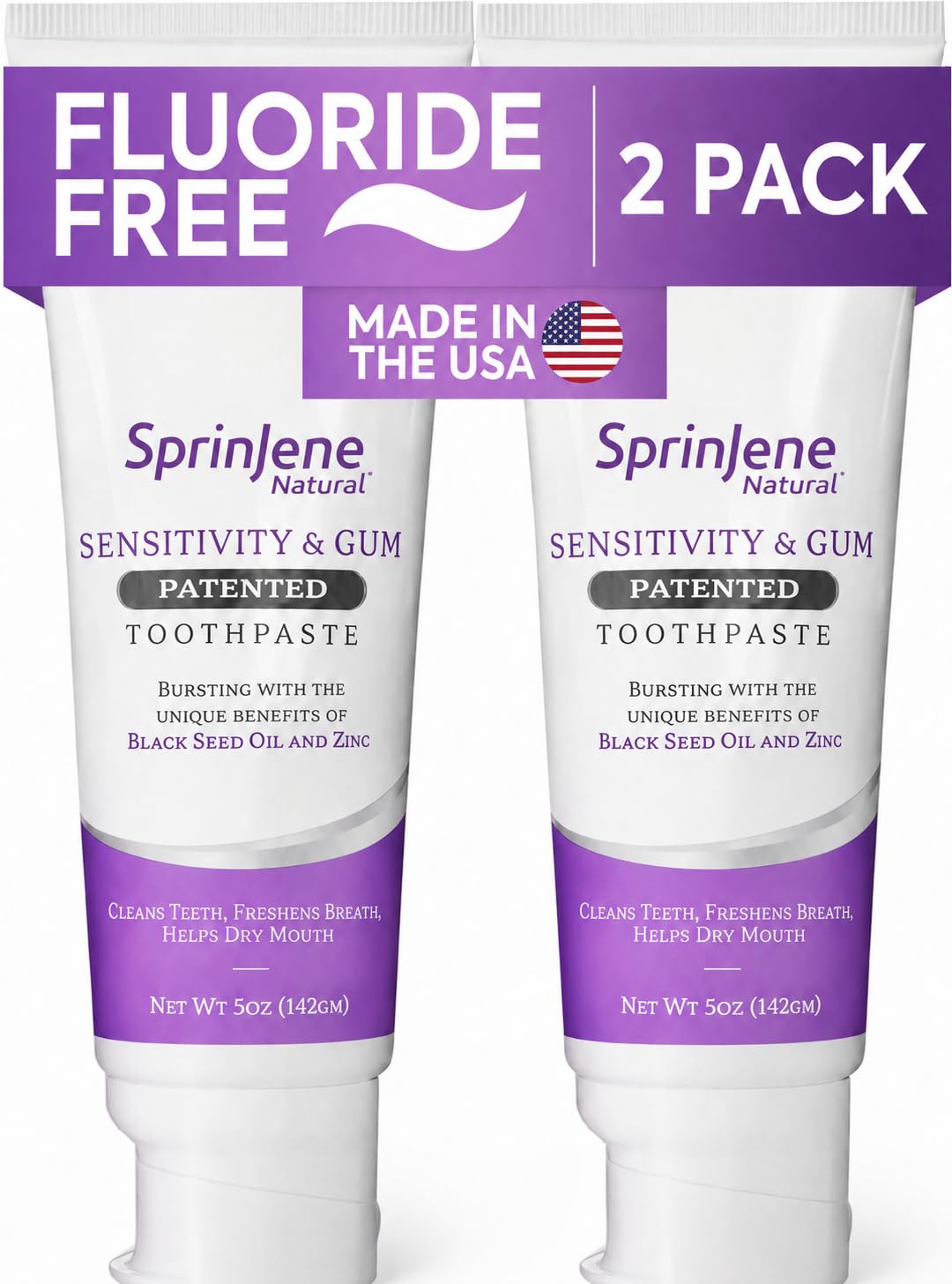 SprinJene Natural Sensitivity & Gum, Fluorid-Zahnpasta für empfindliche Zähne | Natürliche Zahnpasta zum Schutz vor Karies (142 g (2er-Pack)