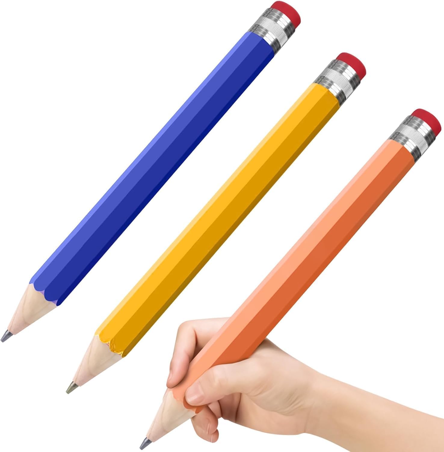 BENBER Wooden Jumbo Pencils 13.3'' Funny Giant Pencil For Party Favors Novelty Large Pencil For School Home Office Prop Supplies 3pcs Blue&Yellow&Orange