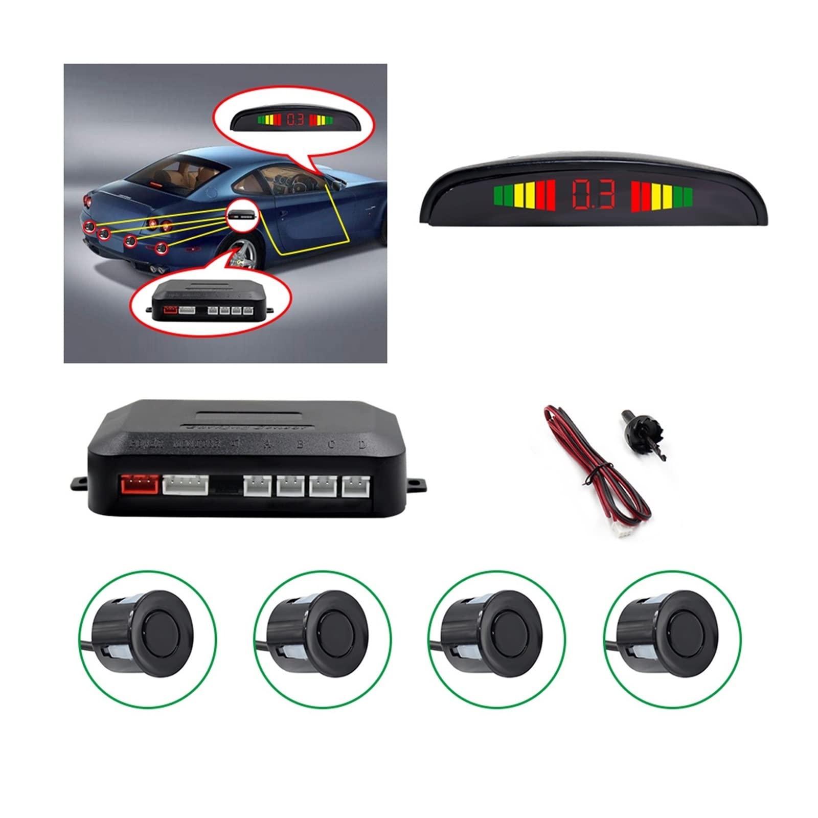 Coche Auto Led Sensor De Estacionamiento Pantalla 4 Sensores Asistencia De Respaldo Inverso Detector De Radar Sistema De Monitor De Luz(Black)