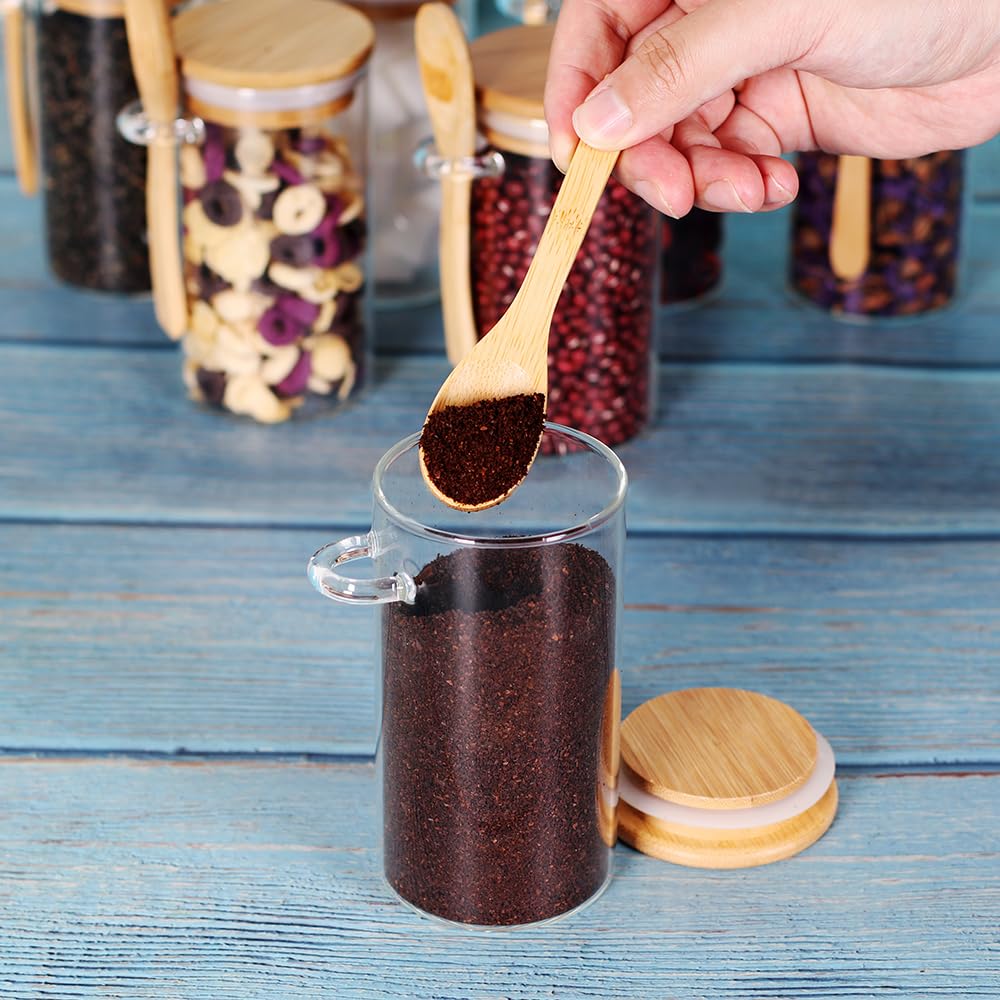 Juego de 8 tarros de vidrio con tapas y cucharas de bambú, recipientes de té pequeños herméticos de 10 onzas para té, café y azúcar sueltos, recipientes de vidrio para tarros de 6