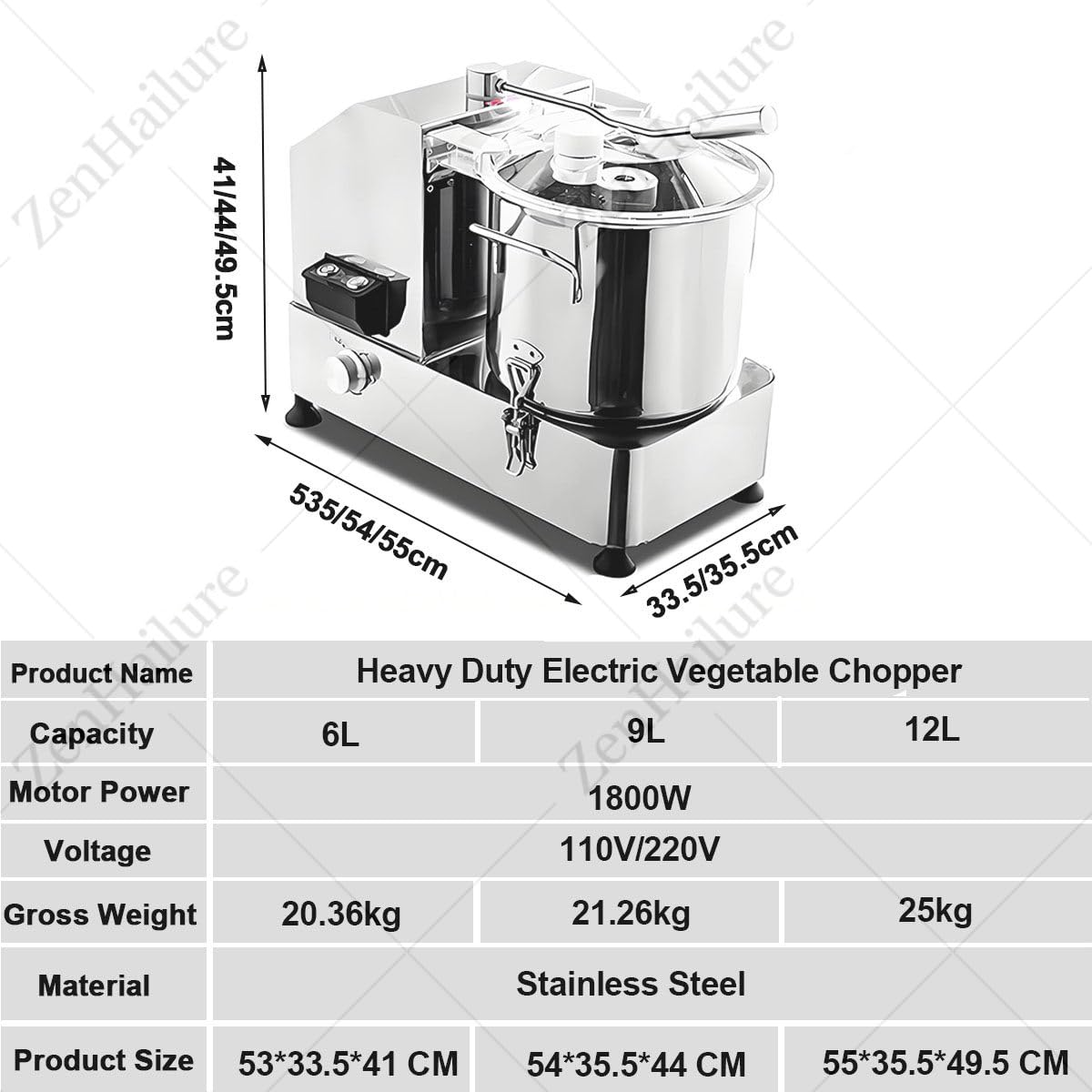 Hachoir électrique 6/9/12l 1800w,Couteau Double Niveau Professionnel,Multifonction pour Smoothies Et Fruits,Structure INOX Lavable Lave-Vaisselle,pour Cantines Scolaires 6L