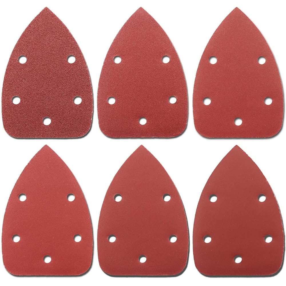 Fixinus 60 Pieces Triangular Sanding Papers, Hook and Loop Sander Pads, Assorted 80/150/240/320/400/600 Grits with 5 Holes Sandpaper for Sanding and Polishing