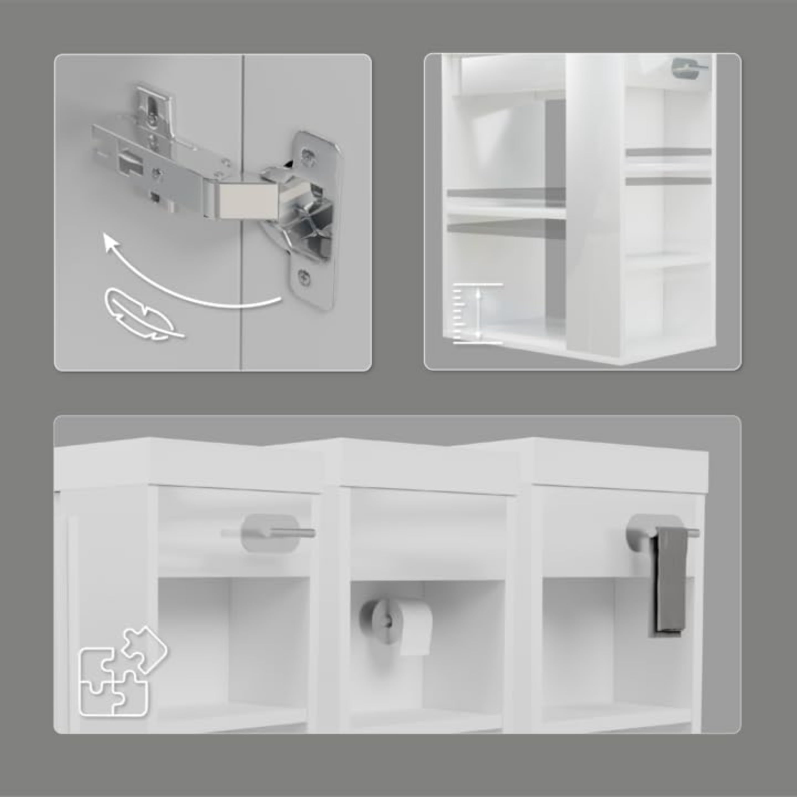 Waschbecken mit Unterschrank SEVA, 57 cm Breite, Waschtisch Stehend oder Hängend, Badmöbel Set für Badezimmer, Waschbeckenunterschrank mit Toilettenpapierhalter - Weiß