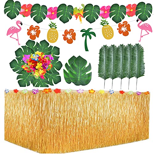 Aweyka Tropical Hawaiian Party Decorations Set, Including One 9ft Luau Table Skirt, 25pcs Tropical Palm Leaves, 10pcs Hibiscus Flowers and one String Tropical Hawaii Banner for Luau Party Supplies