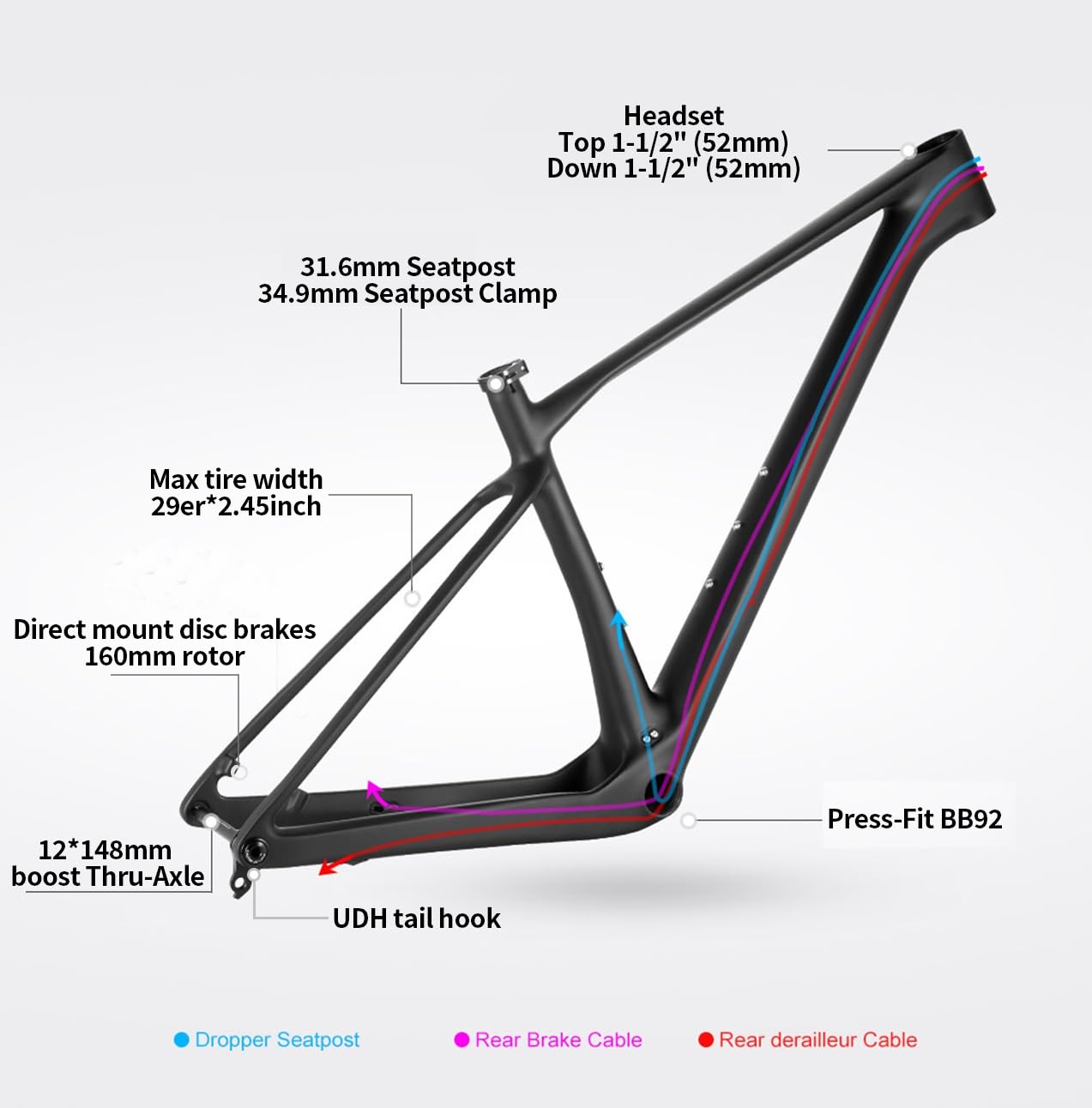 Rama z włókna węglowego 29 15,4/17,3/18,9/20,9" do roweru górskiego Boost 12 x 148 mm, oś wtykowa, hamulec tarczowy, Hardtail Press-Fit BB92, wewnętrzna prowadnica pociągu (XL-29 20,9")