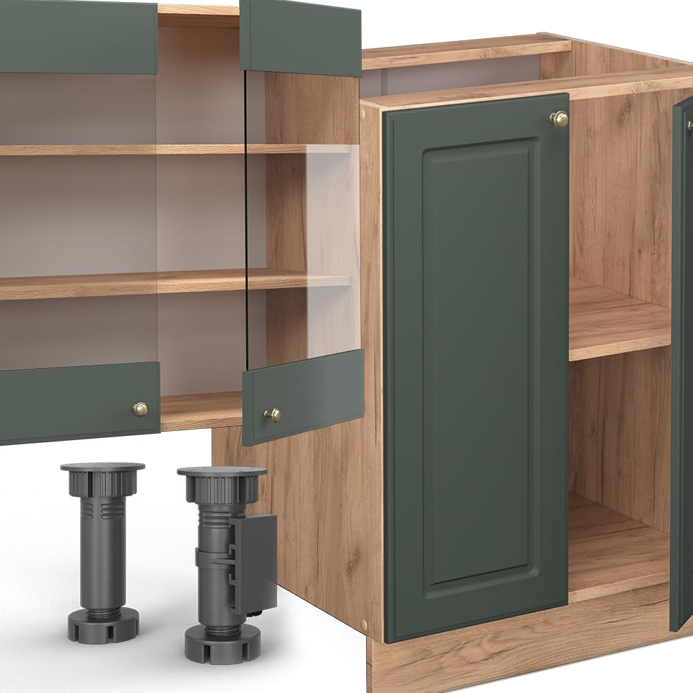 Vicco Küchenzeile Fame-Line, Grün-Gold Landhaus/Goldkraft Eiche, 300 cm mit Hochschrank, ohne Arbeitsplatte, zur individuellen Erweiterung durch kompatible Zusatzmodule