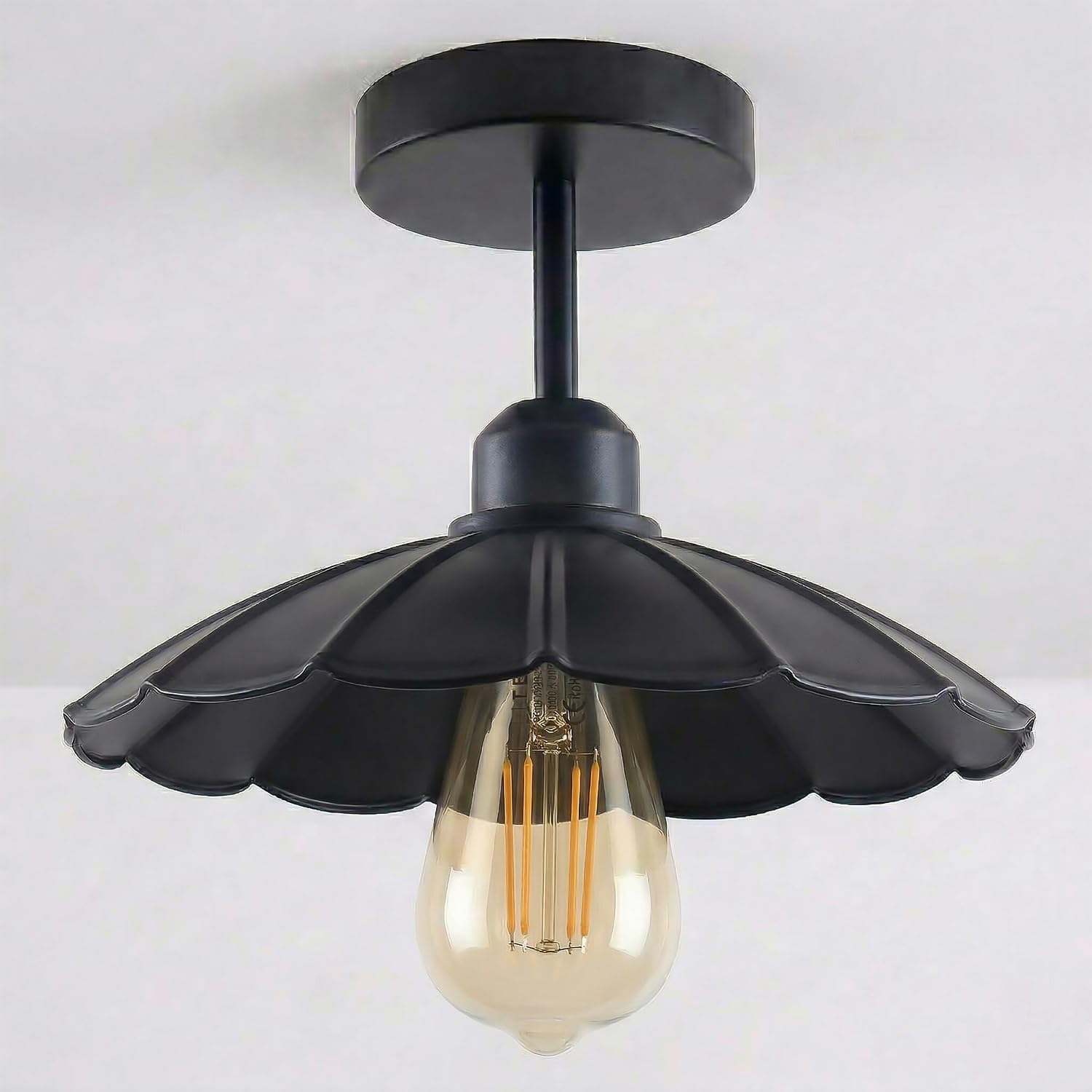 LEDSone Industrial Semi Flush Mount E27 Base Metal 22cm lampshade Indoor Ceiling Light for Living Room Bedroom Hallway Kitchen (Black with Bulb)