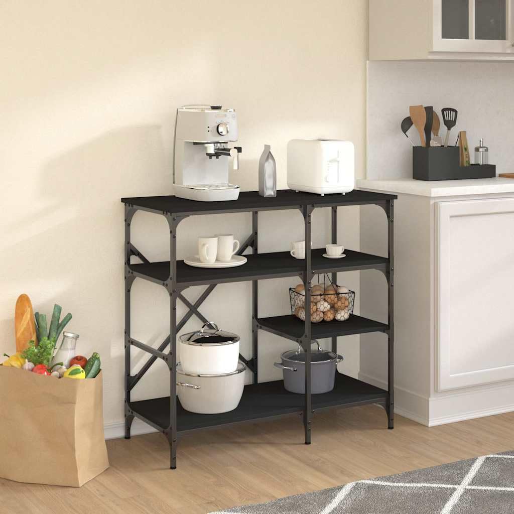 Bäckerregal Schwarz 90x40x84 cm Holzwerkstoff und Metall mit Ablagen, verstellbaren Füßen, Küchenregal für Arbeitsplatte, Aufbewahrung und Organisation von Kochbesteck und Küchenhelfern