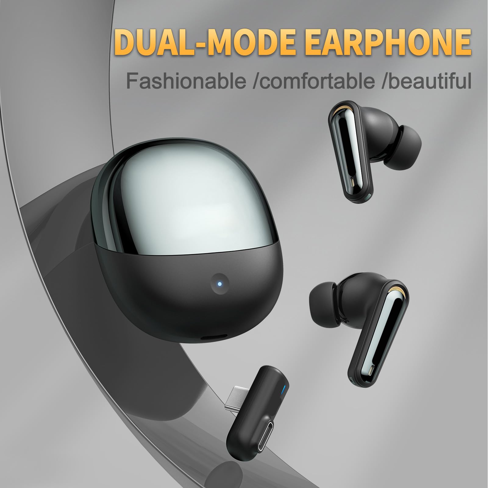 Denash Écouteurs de Jeux sans Fil, Mode Double Bluetooth à Faible Latence 2,4 GHz avec Micro ENC, Dongle USB C pour Tablette Téléphonique PC Console de Jeu PC (Black)