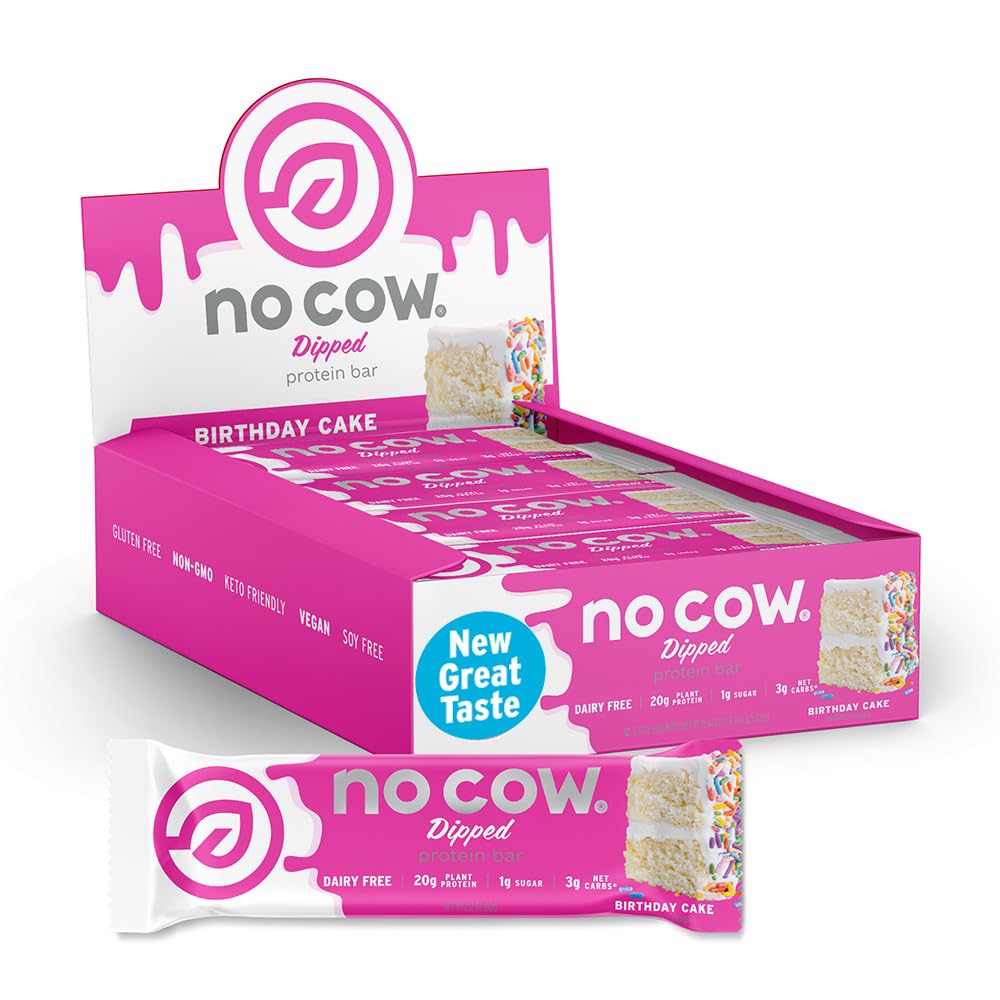 No Cow Vegan Protein Bars, Upgraded Birthday Cake | 20g Plant Based Protein, Gluten Free, Dairy Free, Soy Free, Keto Friendly, Low Sugar, High Fiber Snack Bars | Pack of 12