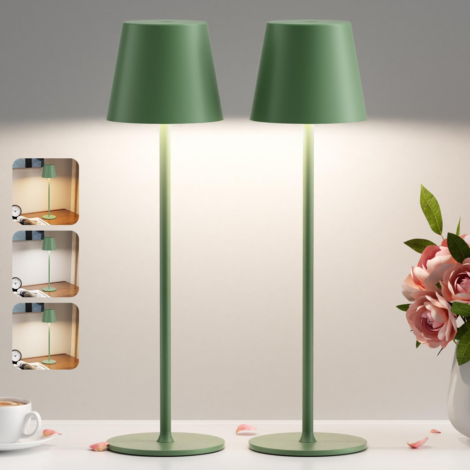PreeOtti Tischlampe Kabellos, LED Tischleuchte Akku Dimmbare 2er Set mit 3 Farbtemperatur, Stufenlos Dimmbar, Touch Lampe mit USB-C Aufladbar für Outdoor Nachttisch Esstisch Camping(Grün)