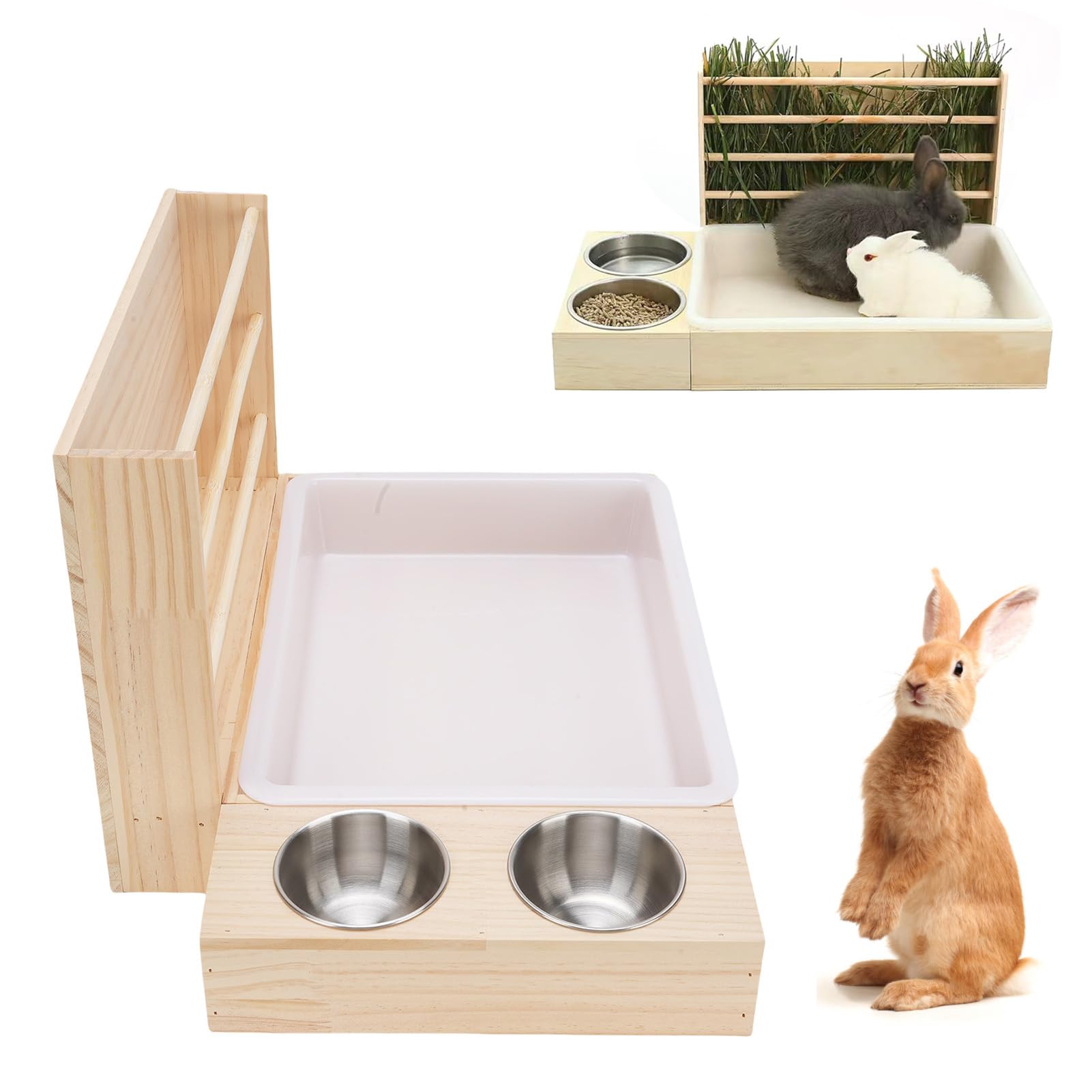KKPLZZ Alimentatore di Fieno da 3 in 1 Coniglio con Lettiera e 2 Ciotole, Porta di Cibo in Erba a Grande capacità, per Cavia