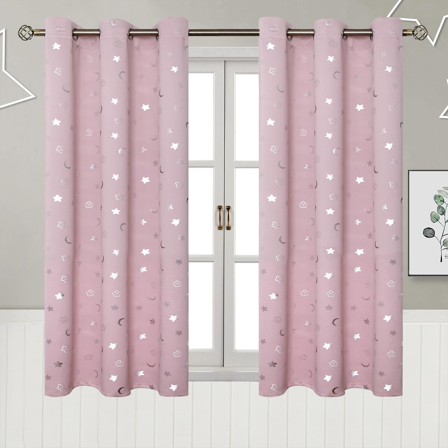 BGment Pink Room Darkening Curtains for Girls Bedroom, Star and Moon Blackout Curtains for Kids Room 45Inch Long, Thermal Insulated Grommet Window