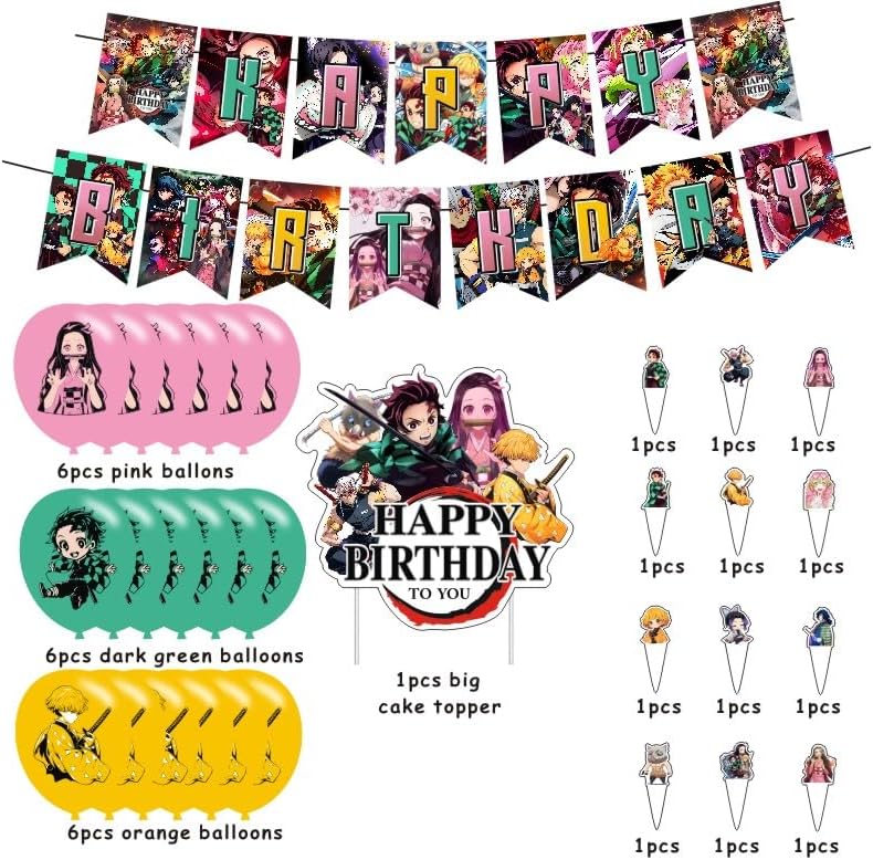 Demon Birthday Decorations, Slayer Party Supplies Include Happy Birthday Banner, Cake Topper and Cupcake Toppers, Balloons for Kids Party Decor