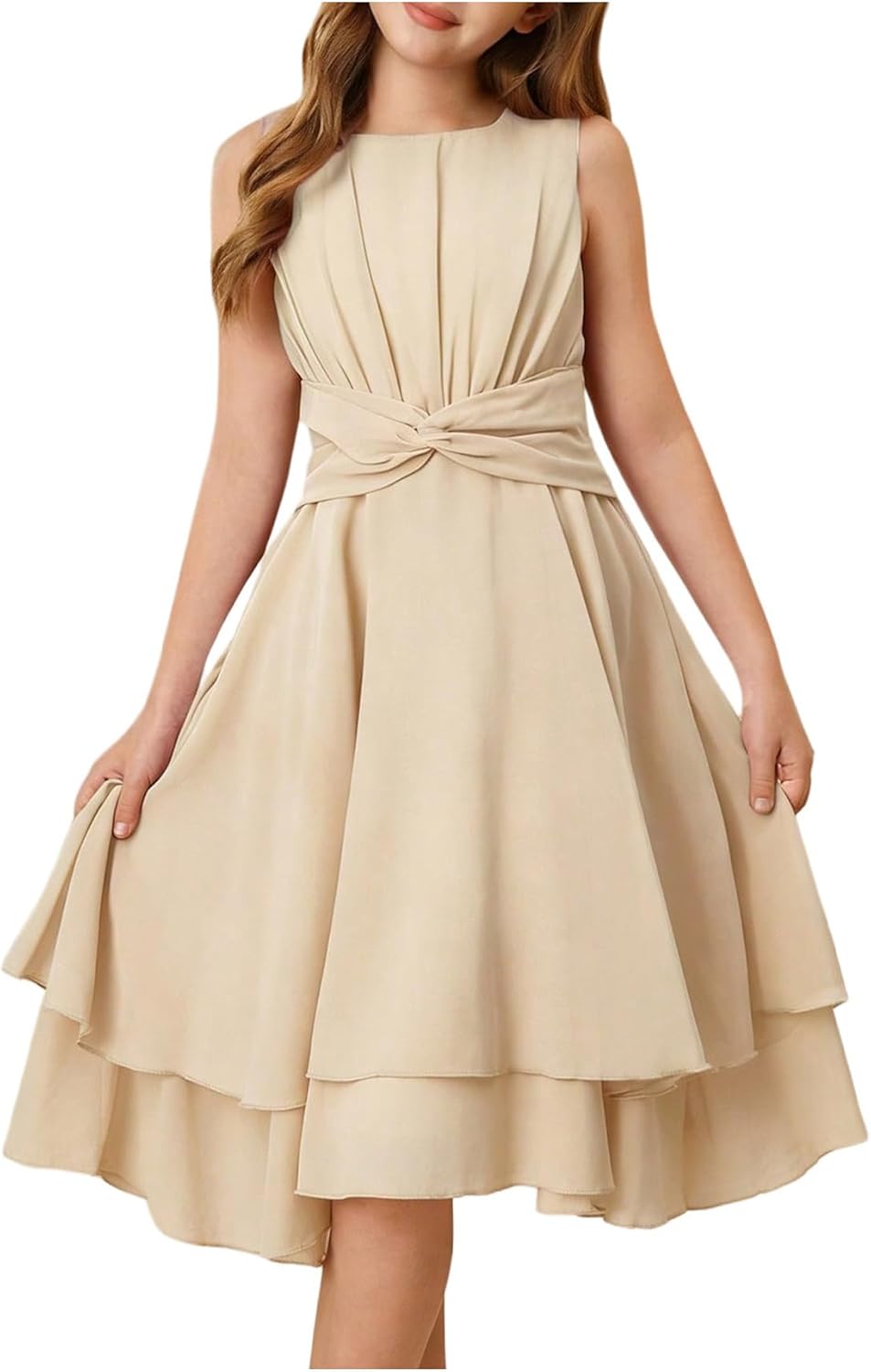 Verdusa Girl's Flower Summer Dresses Sundress Twist Ruched Ruffle Layered Flowy Birthday Wedding Guest Dress
