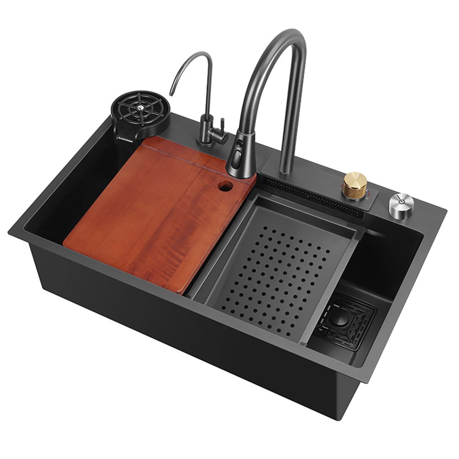 Lavello da cucina, 304 in acciaio inox fatto a mano a nido d'ape in rilievo lavastoviglie, controllo da tavolo volare cascata lavello pioggia. (Color : Black, S : 80 * 45 * 22cm)