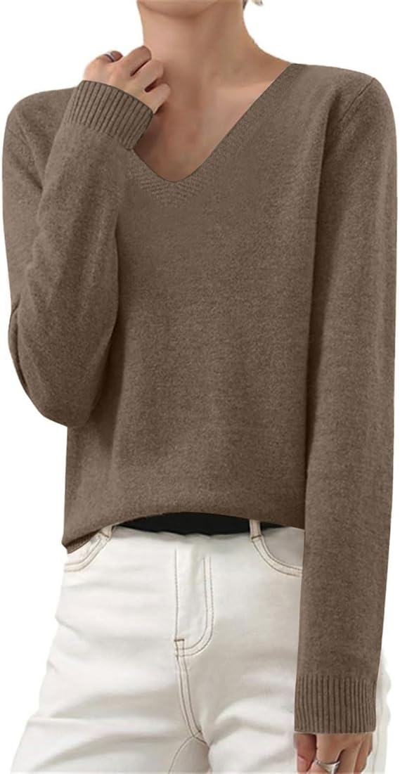 OIOLOYJM Fall Cashmere Sweaters for Women 2025 V Neck Long Sleeve Tops Lightweight Knitted Pullovers Merino Wool Sweater