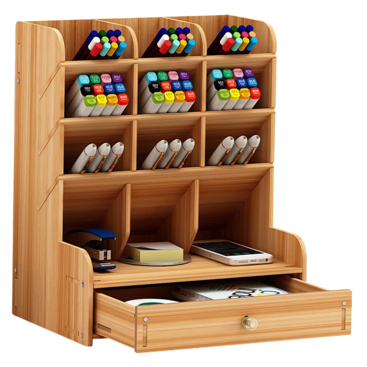 Portapenne in con Ampia Capacità Organizer Scrivania con Scomparti Multipli per Ufficio e Casa Scatola Portaoggetti in Ciliegio Design e Resistente