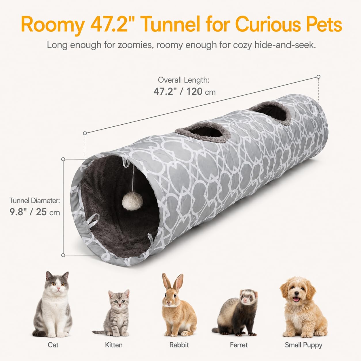 Túnel geométrico recto para gatos con interior de felpa, juguetes para gatos, tubo plegable con bolas, para conejos, gatitos, hurones, cachorros, diámetro de 9.8 pulgadas