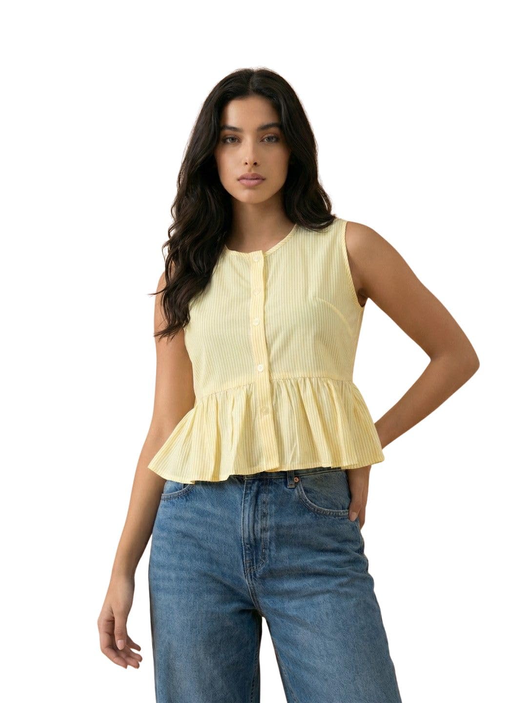 qioa Women Sleeveless Striped Button Front Peplum Casual Summer Top Shirt Blouse-picture-58