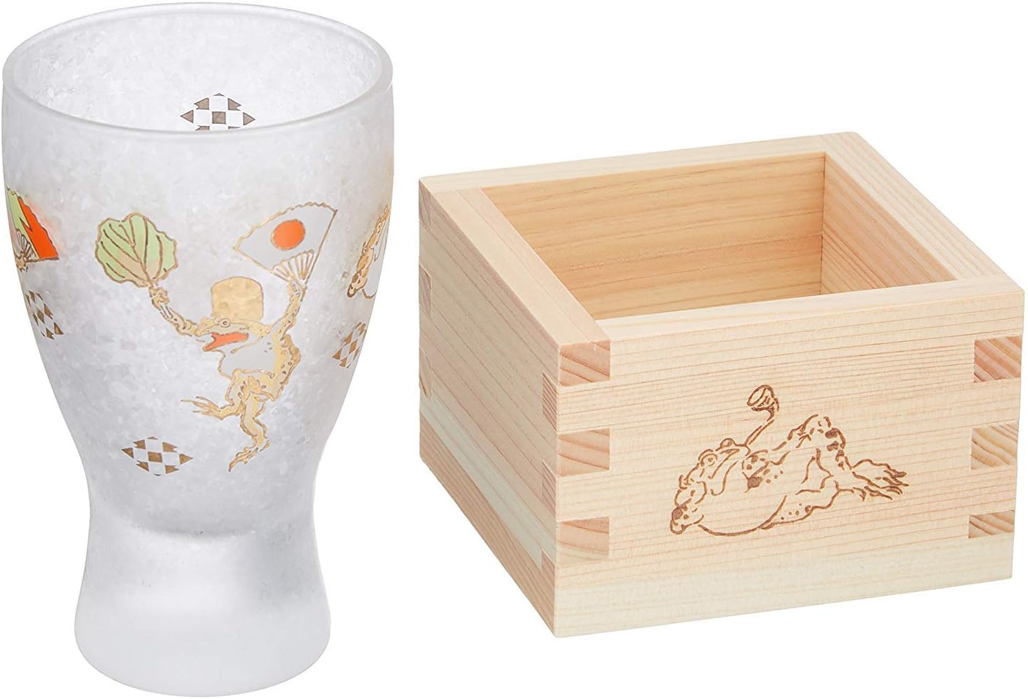 Aderia Japan Frog MasuZake Glass (Japanese Sake Glass) w/Masu Box"peace and prosperity in the household" 6785