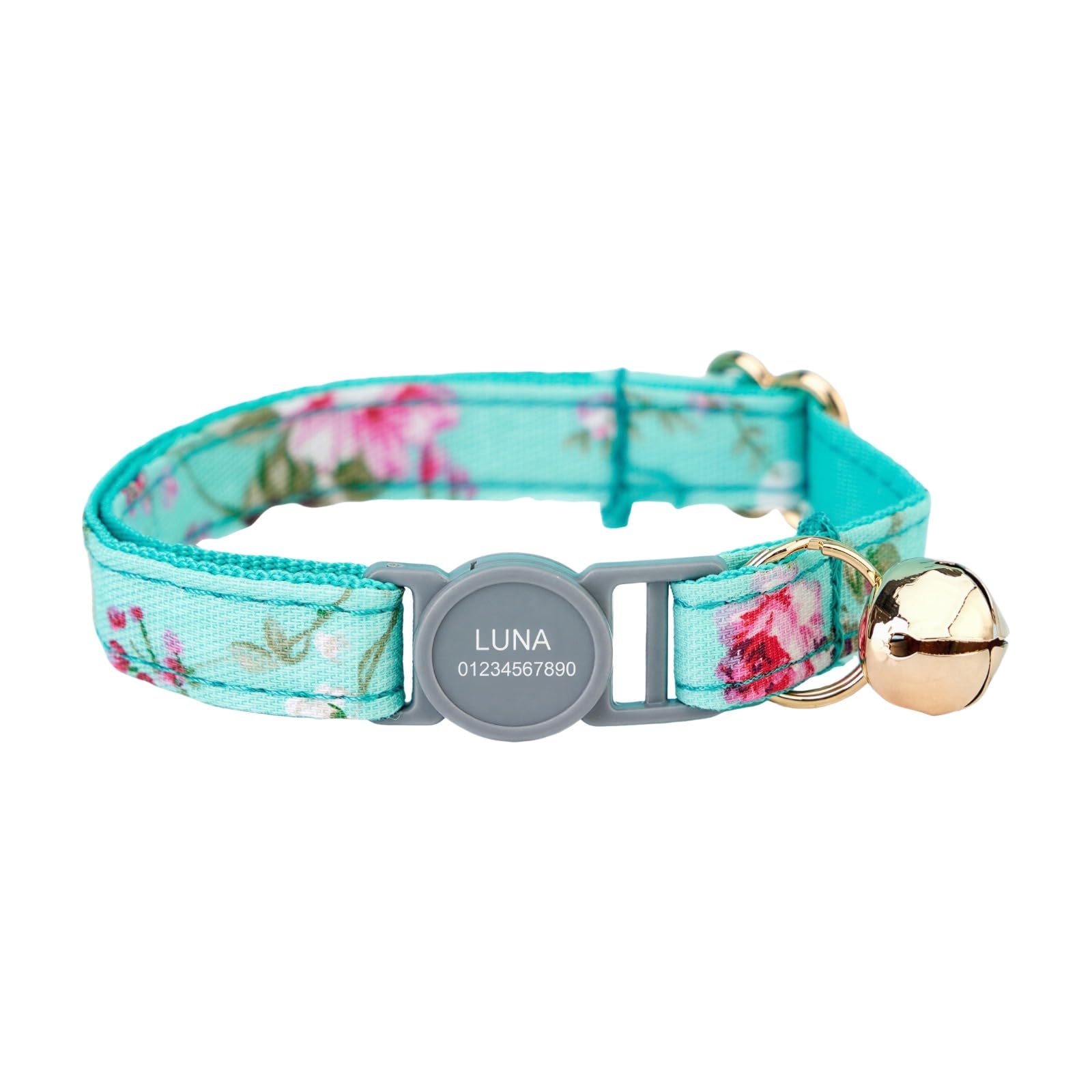 Personalized Cat Collar with Name Engraved, Breakaway Safety Buckle, Custom Cat Collar with Bell for Cats & Kittens, Lightweight Adjustable Cat Collars (Green Floral, L)