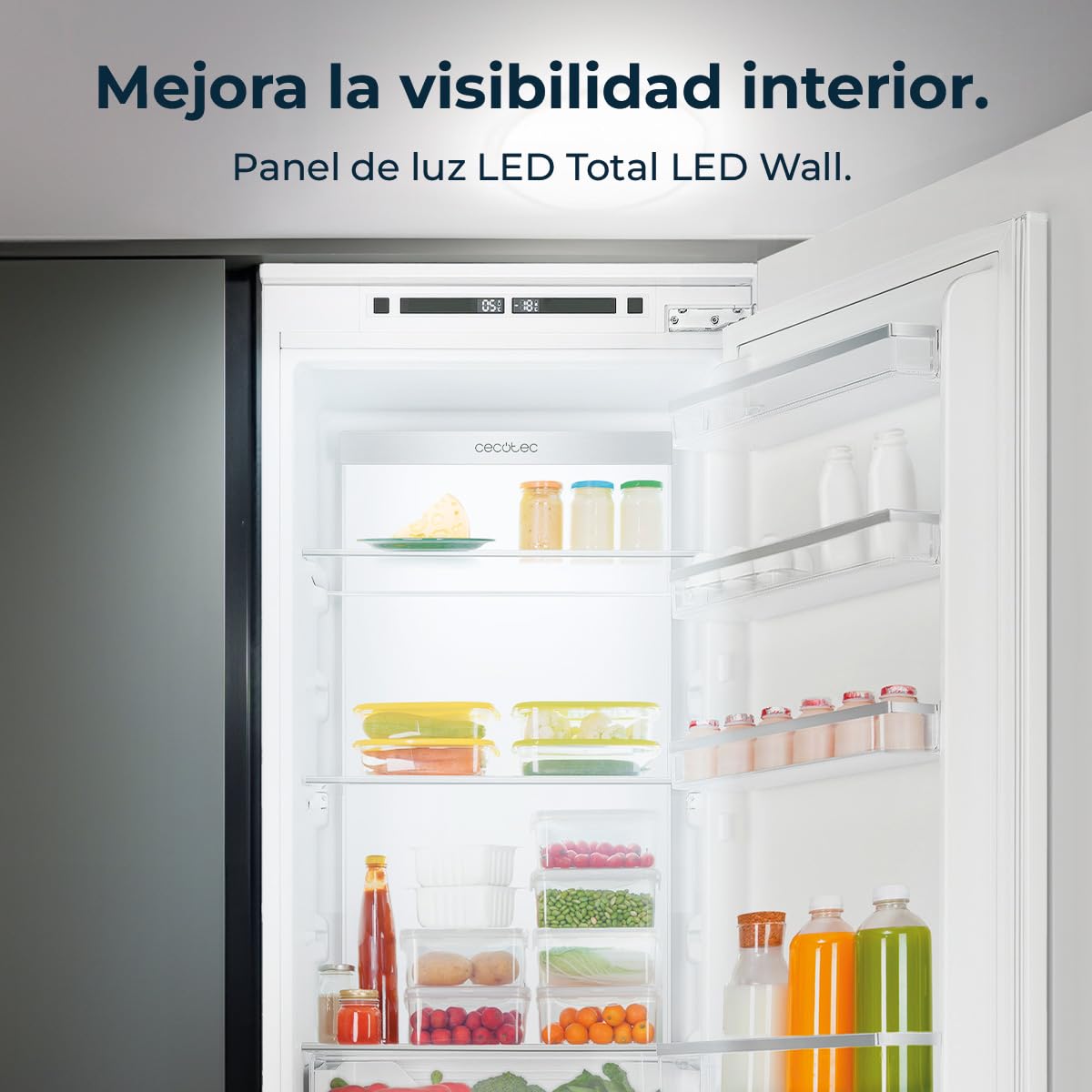 Cecotec Lodówka kombi do zabudowy, na stałe drzwi, 267 l, Bolero CoolMarket Combi BI-D FLW 267 E, wysokość 193,7 cm i szerokość 54 cm, Total No Frost, kompresor inwerterowy i ściana Full LED, niskie
