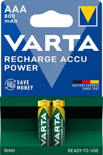 VARTA Pilas AAA, recargables, paquete de 2, Recharge Accu Power, batería recargable, 800 mAh Ni-MH, sin efecto memoria, precargadas, listas para usar