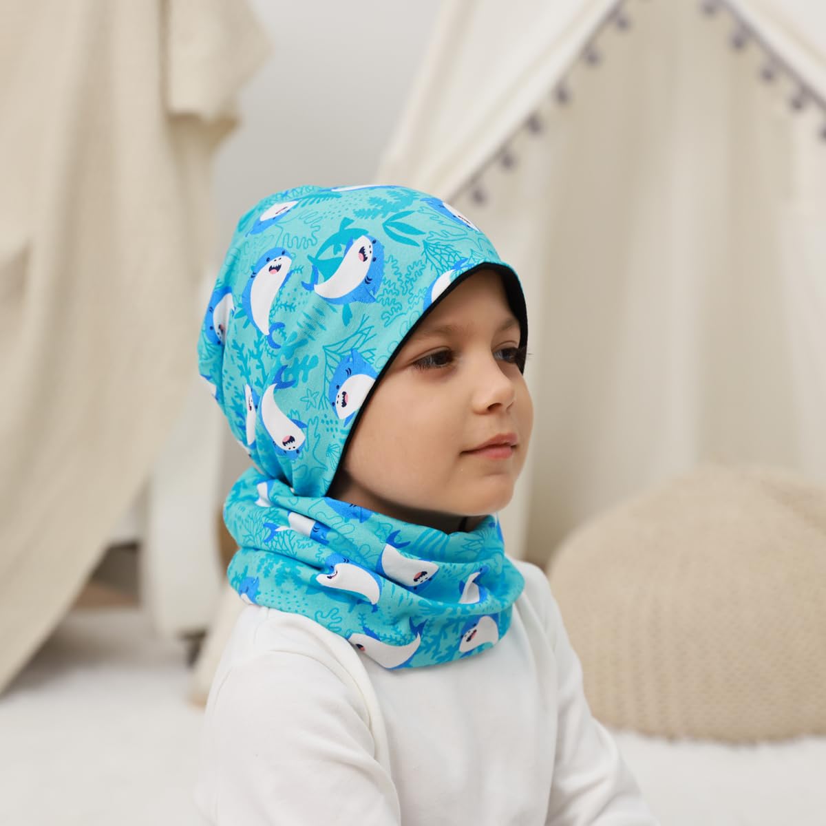 MAKFORT Dziecięca czapka beanie, szalik, szal kominowy, zestaw z bawełny, szal dla chłopców i dziewczynek, na jesień, wiosnę, zimę