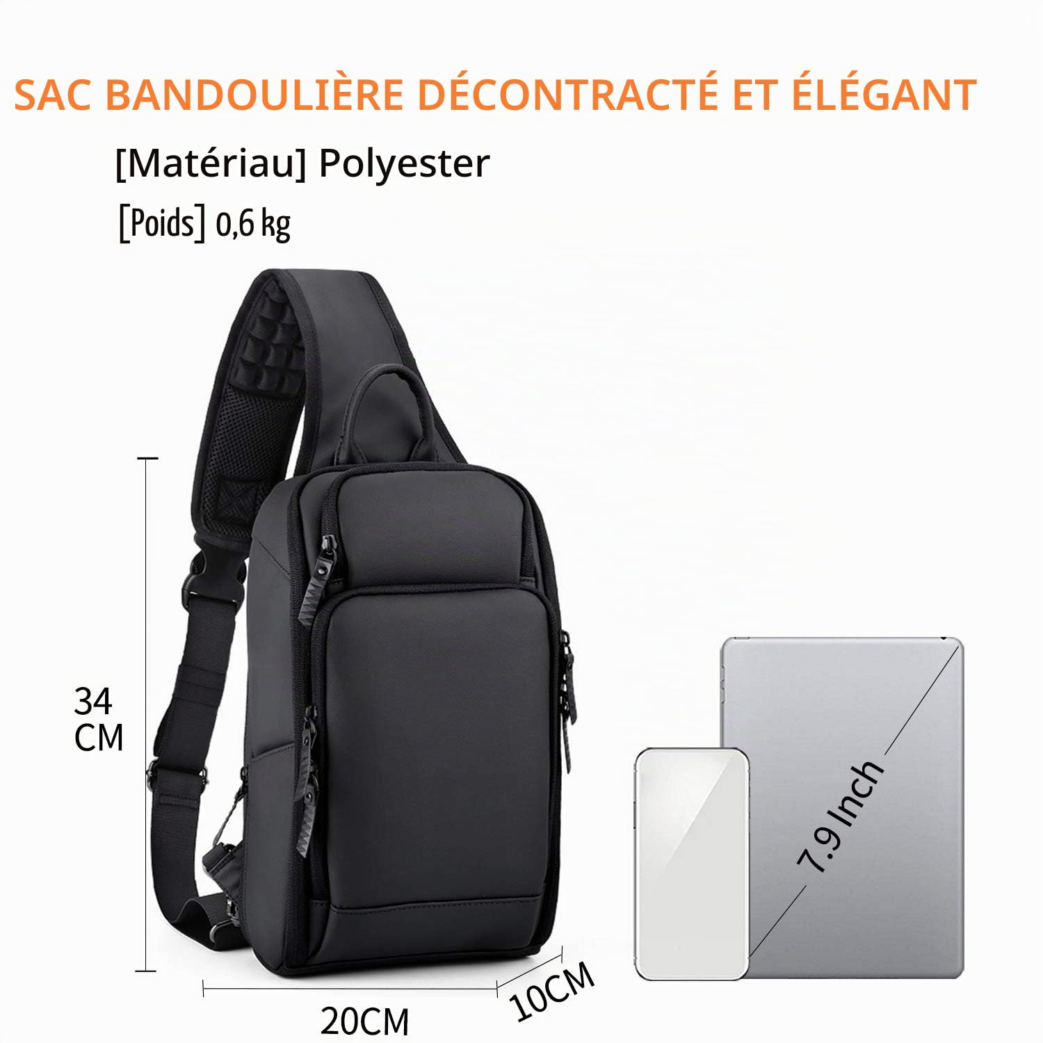 FANDARE Homme Sac de Poitrine Sacoche pour Homme Sac d'Epaule Sacoche 7.9 inch Tablet avec USB Sac Bandoulière Grande Capacité Sling Bag pour Cyclisme,Équitation,Voyage Imperméable Polyester