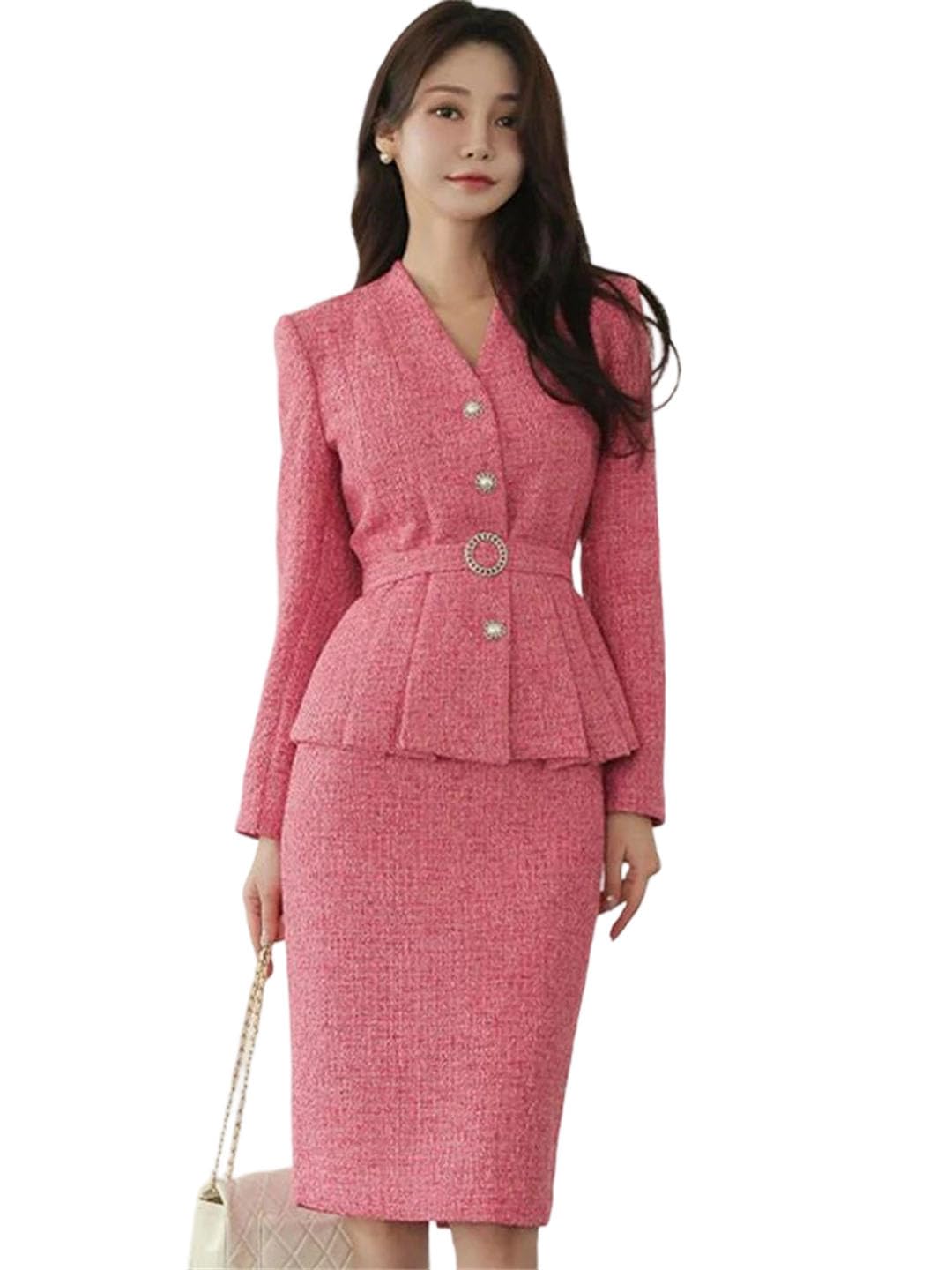 Women Wear 2-Piece Sets V-Neck Jacket Top Sheath Pencil Skirt Suits