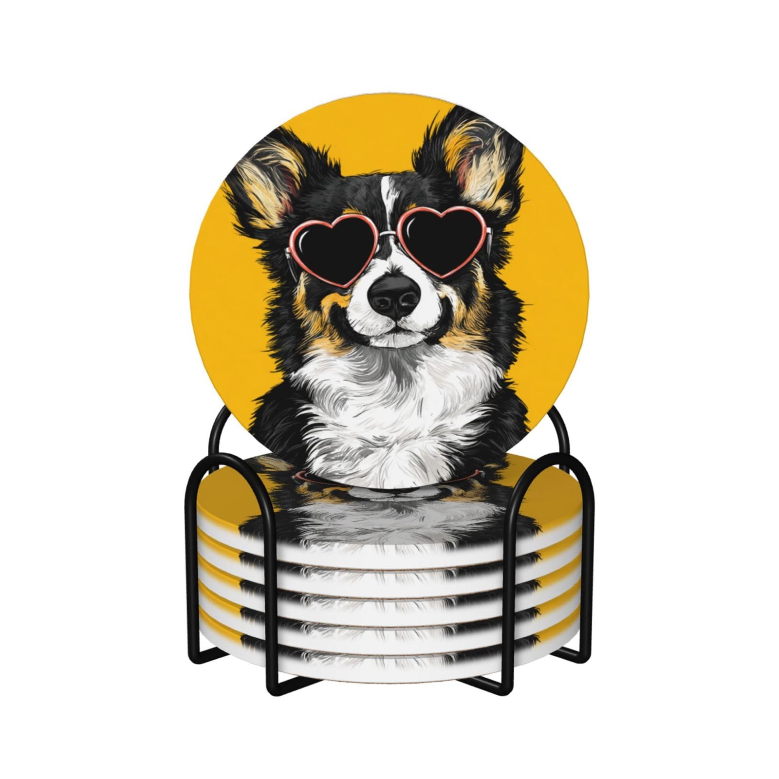 Cute Corgi Wearing Heart Sunglasses Ceramic Coasters with Holder 6ps