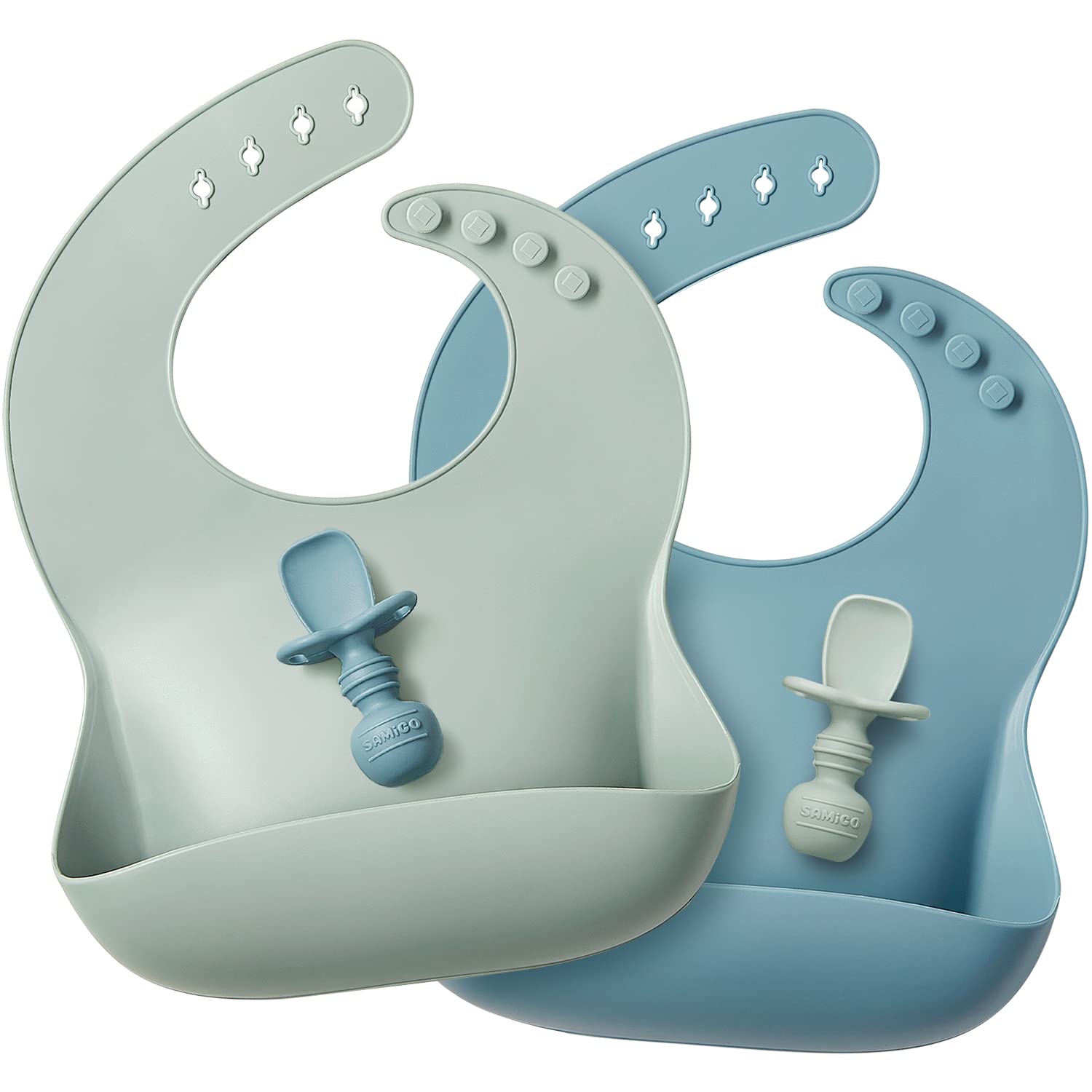 Silicone Baby Bibs and Self Feeding Spoons Toddler Bibs with Food Catcher Pockets for Girls Boys 6+ Months - Set of 4