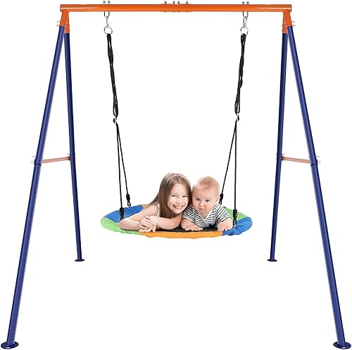 Columpio de platillo de 40 pulgadas con soporte para niños al aire libre, juego de columpio de 500 libras con soporte de metal resistente para patio
