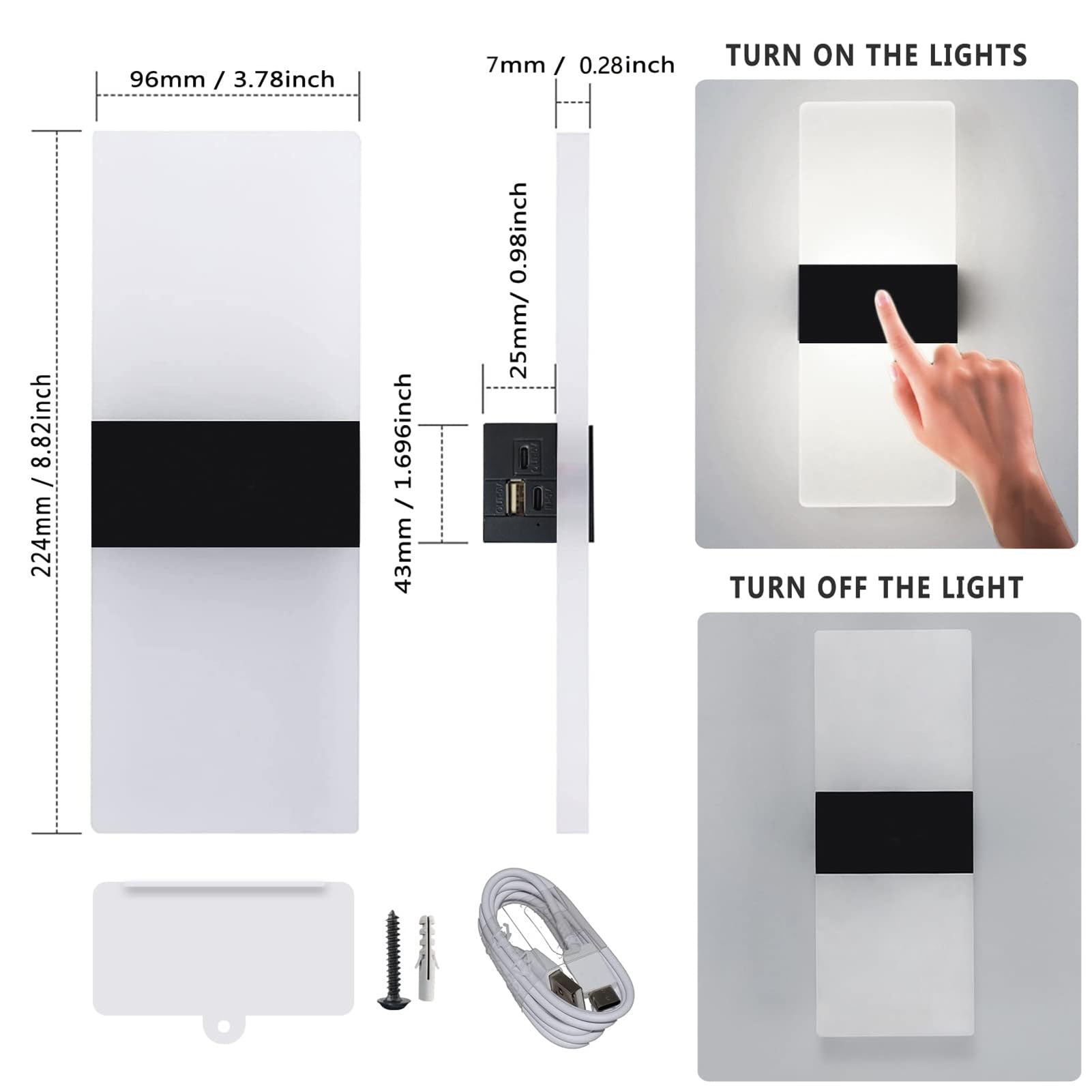 VOMI Lámpara LED Sin Cable con Interruptor, Aplique de Pared con Pilas Recargable USB, Magnética 3 Niveles de Brillo Regulables, Iluminación Interior, Blanco Frío 6000K