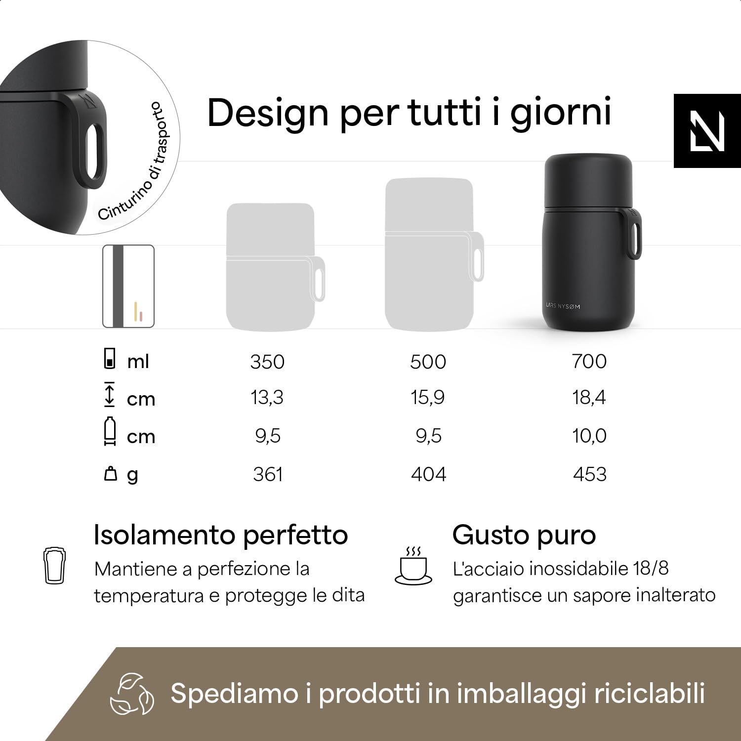 LARS NYSØM Barattolo Termico in Acciaio Inox - Contenitore Pranzo Ermetico per Alimenti Caldi e Freddi, Thermos Bocca Larga per Zuppe, Lavoro e Viaggio (Carbon Black, 700ml)