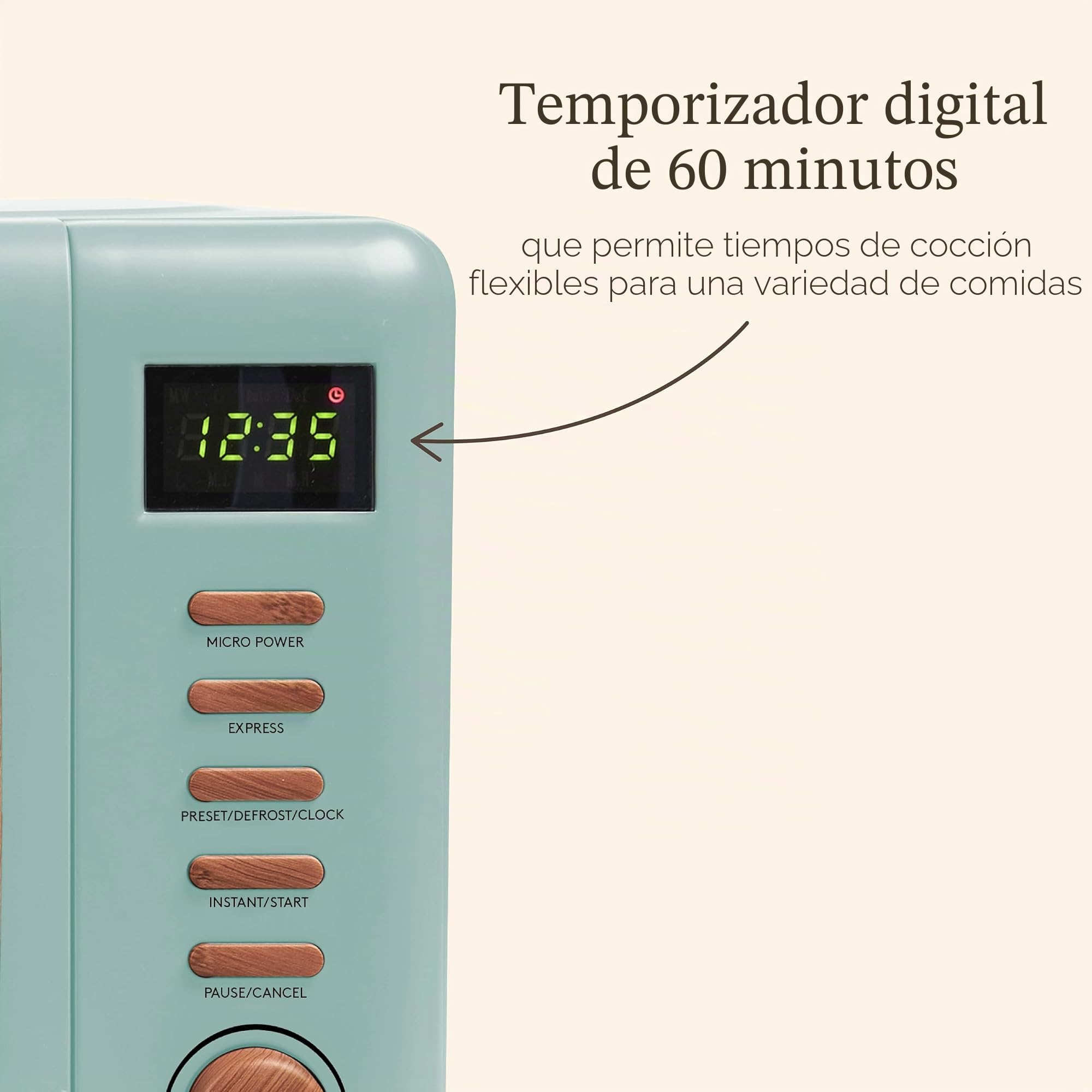 Haden Dorchester Green - Horno microondas de 20 L, 800 W, controles digitales, 5 niveles de potencia, ideal para encimera con acabado efecto madera, espacio de cocina pequeño