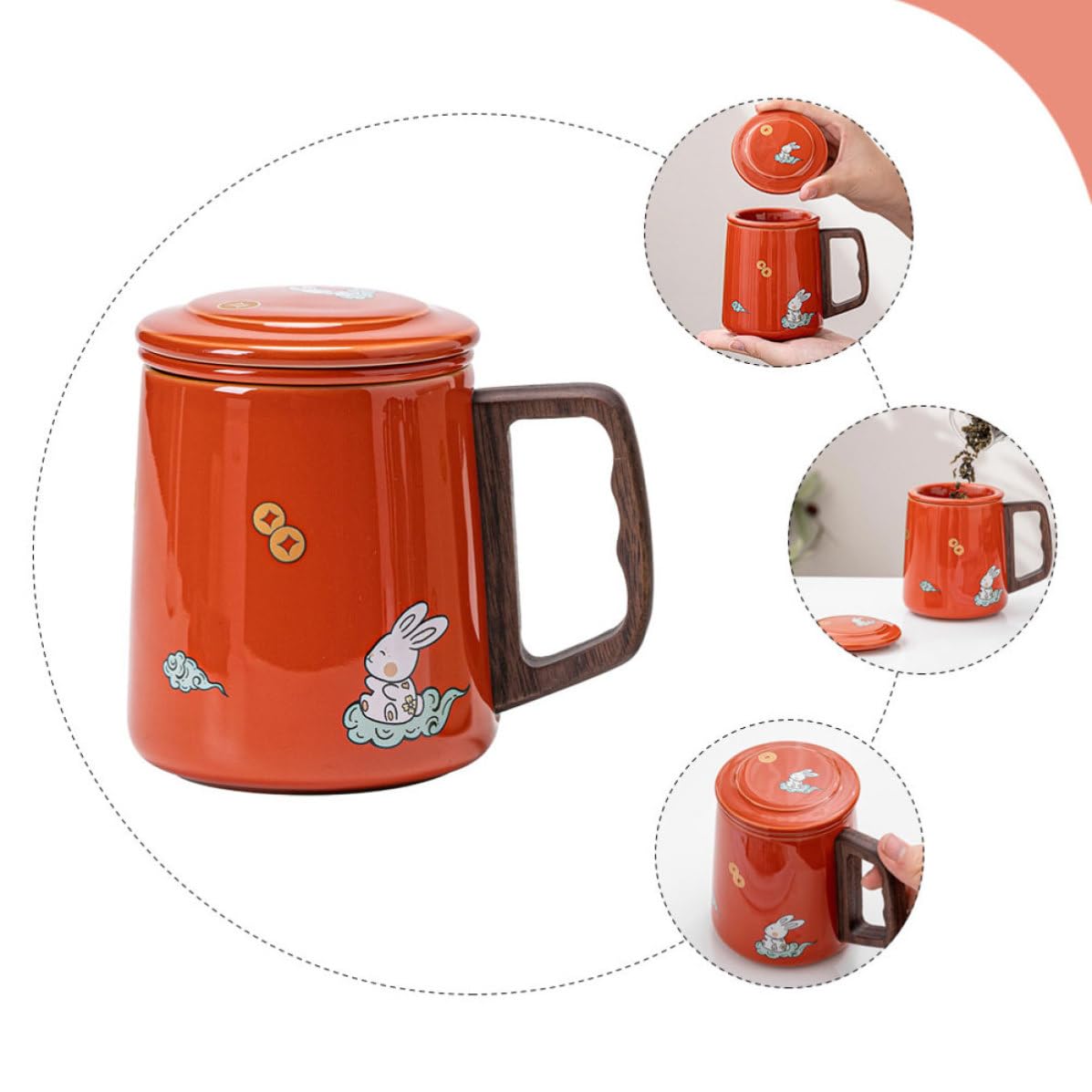 KICHOUSE Tazza da Tè in Ceramica con Infusore e Coperchio, Capacità 400ml, Manico in Legno, Superficie Liscia e Anti-scottatura per Casa e Ufficio