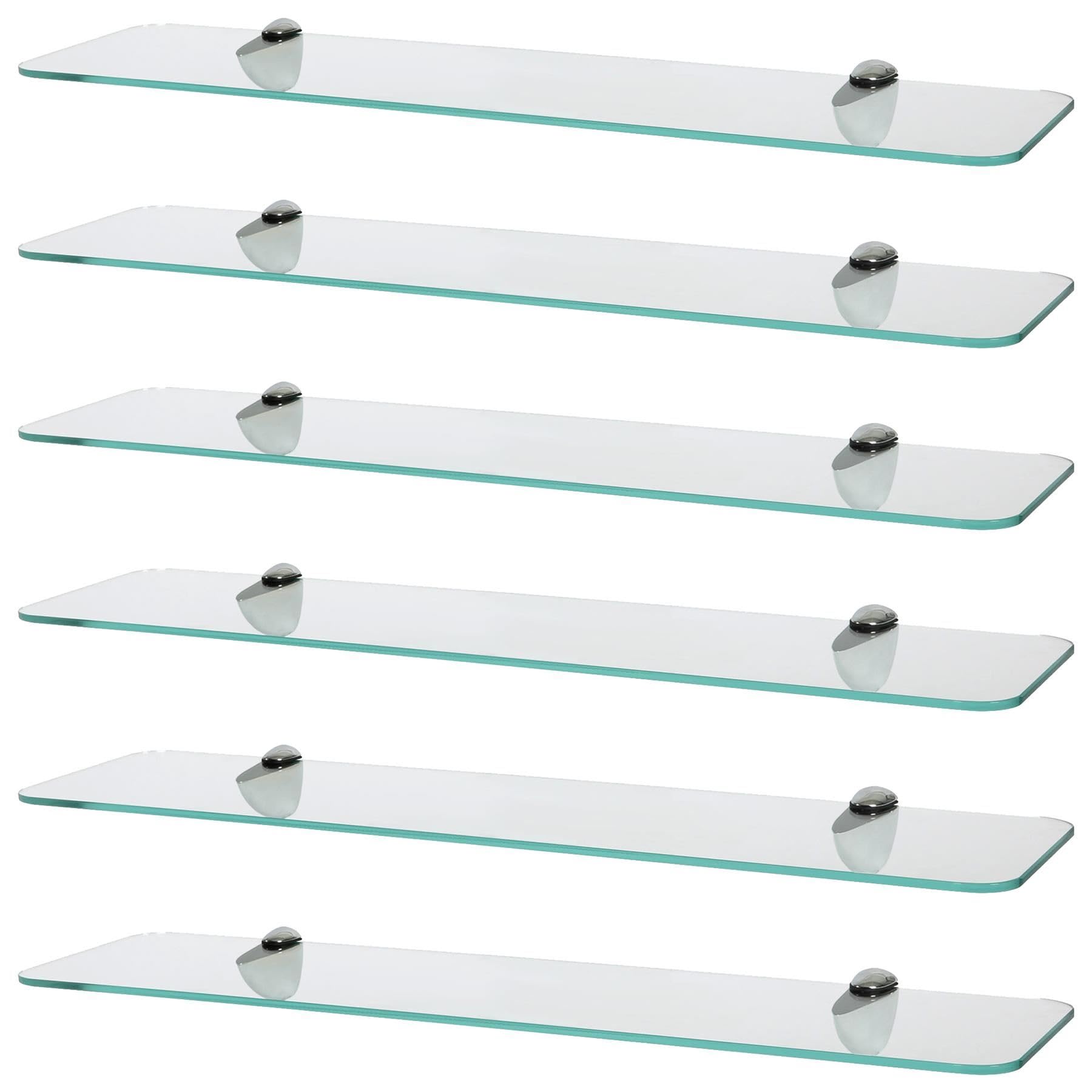 Harbour Housewares Rounded Floating Glass Bathroom Shelves - 60cm - Clear/Chrome - 6x Wall-Mounted Kitchen Bedroom Shower Room Décor Caddy Towel Storage Organiser Shelving Rack with Brackets