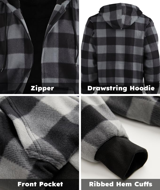 Image of TanBridge Plaid Flannel Hoodie Sherpa Fleece Lined Shirt Jacket Cotton Hoodies Zip Up Winter Warm Coat
