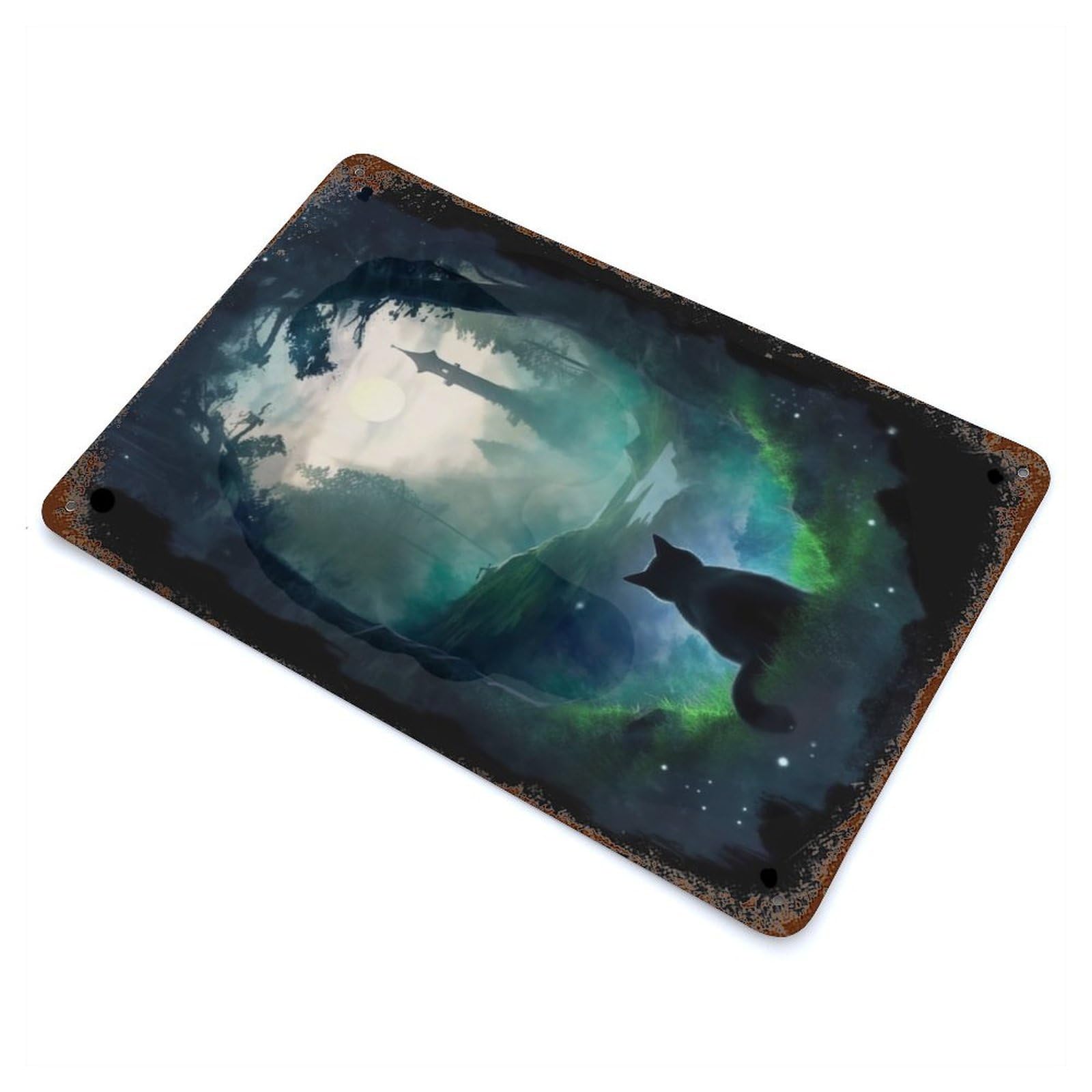 Rust Effect Cat Forest Moon Tower Rustic Tin Plaque 11.8"x7.9", Decorative Metal Wall Art for Farmhouse, Kitchen And Entryway Decor