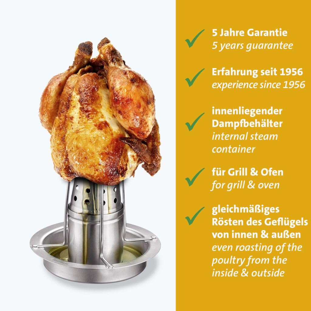 Westmark Asador de pollo – práctico ayudante para una cocción uniforme y crujiente del pollo frito, ideal para la parrilla y el horno – acero inoxidable