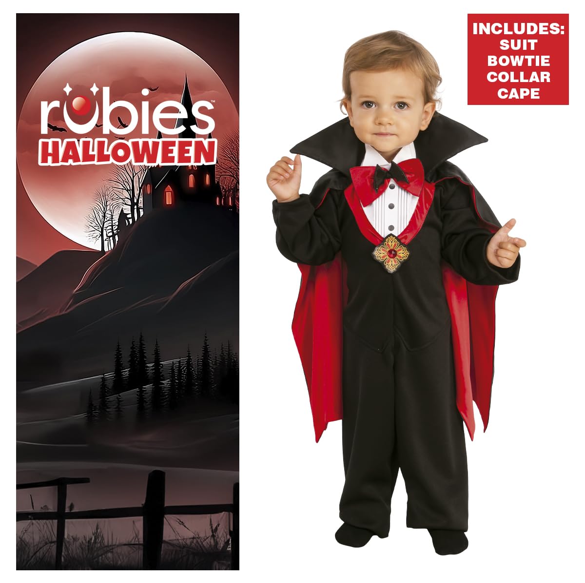 Rubies Costume Dracula per bambini, Abito con papillon rosso e mantello con alza-collo, Costumi halloween bambino, neonato, carnevale e compleanni