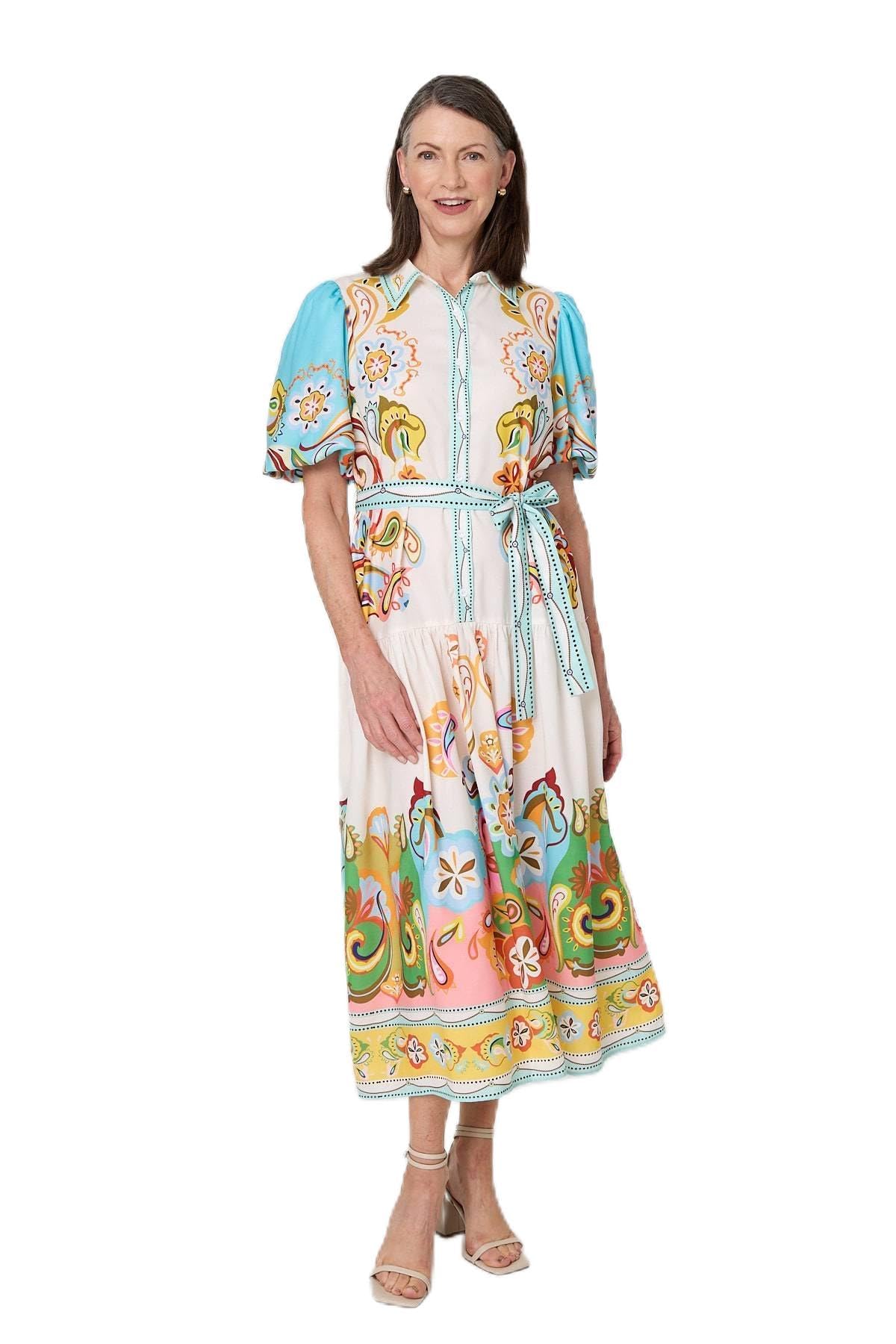 Izabel London Beige Abstract Border Tie Waist Midi Dress - 16