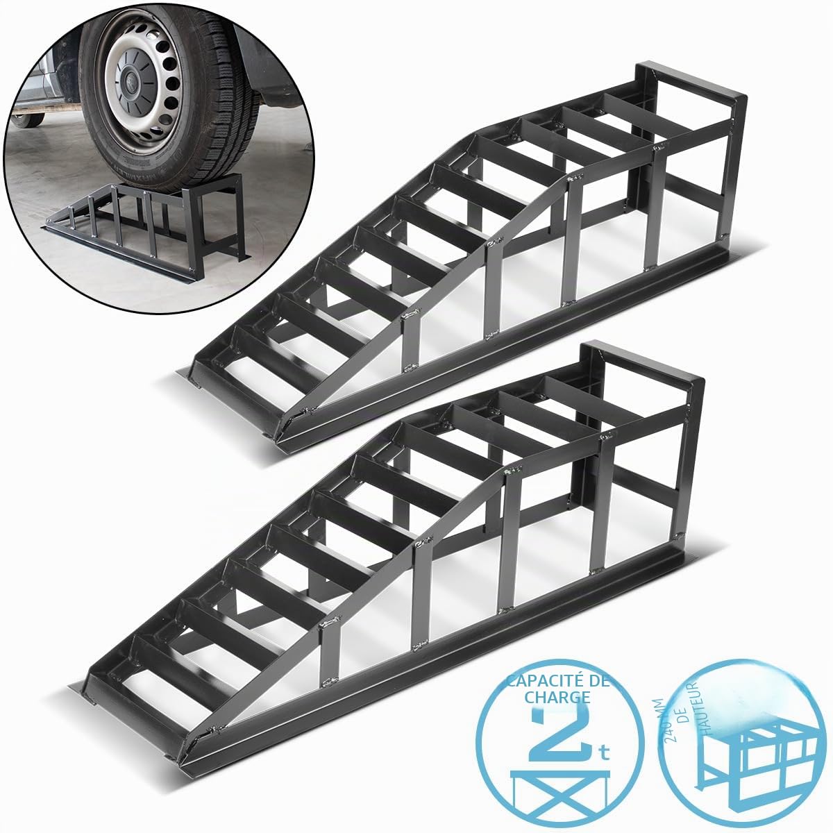 STAHLWERK GT-14 ST Lot de 2 rampes d'accès avec capacité de charge de 2 tonnes - Rampe de voiture - Béquille de voiture