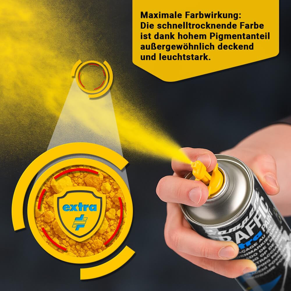 12 Dosen Markierungsfarbe TRAFFIC Extra für extreme Belastung, Farbe: gelb, Art.-Nr. AM81ZN232 | Bodenmarkierungsfarbe | Straßenmarkierungsfarbe | Markierungsspray