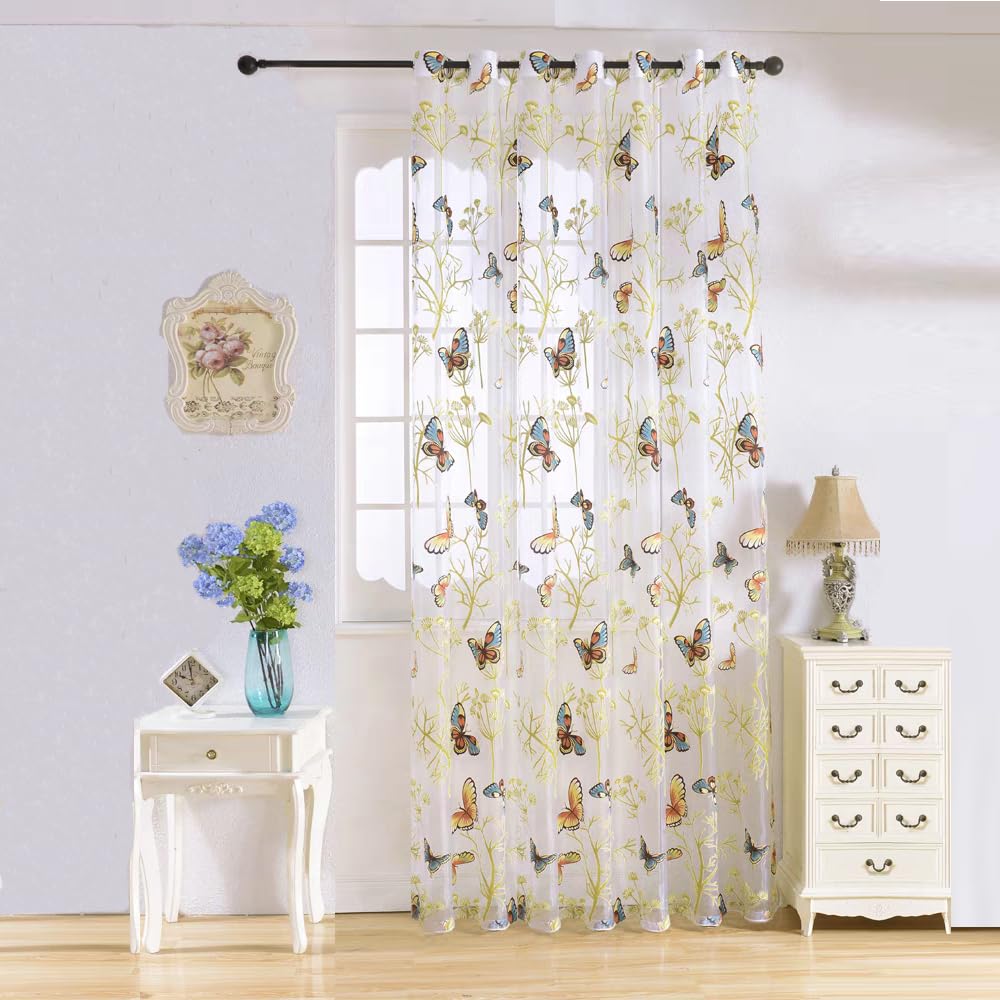 WINYY Butterfly Curtain for Window Plant Sheer Curtain for Living Room Grommets Eyelets Top Voile Room Divider Decorative Gauze Yarn Tulle for Sliding Glass Door 1 Panel (39" W x 63" L)