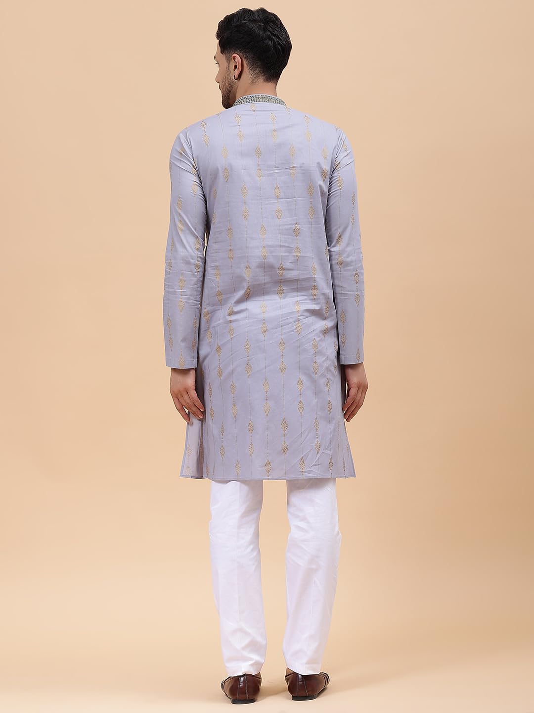 See Designs Grey & White Cotton Regular Fit Embroidered Kurta Set Mandarin Collar Long Sleeves_Sdekt127301M